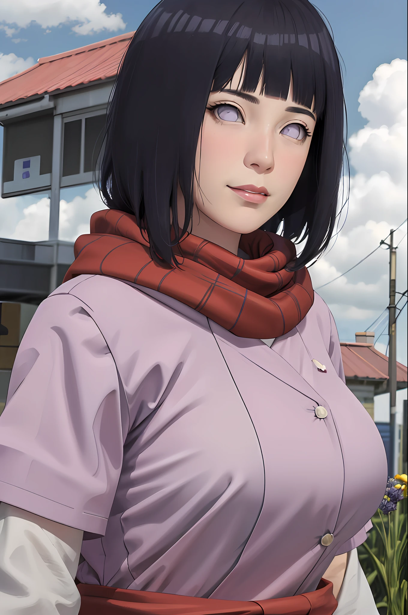masterpiece, absurdres, hinata\(boruto\), 1girl, solo,mature female, purple hoodie,layered sleeves, brown pants, outdoors,lavender flower field, looking at viewer, (falling petals), cloudy sky, perfect composition, detailed lips, big breast, beautiful face, body propotion, blush, (pink lips), long hair, purple eyes, soft gaze, sad smile, (((long red scarf))), super realistic, detailed, photoshoot, realistic face and body