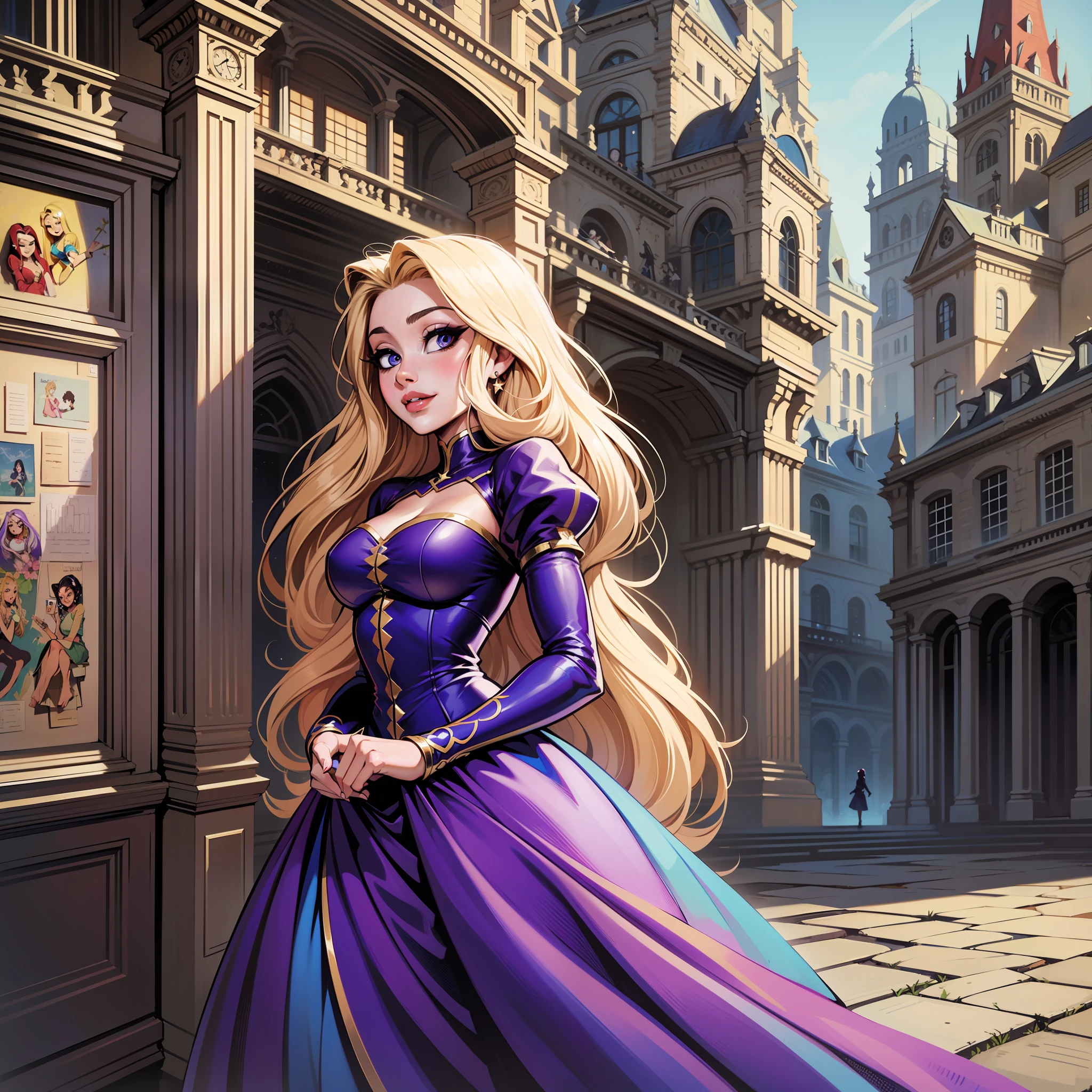 Rapunzel, fofa, art de avatar, cores planas, cabelos loiros muito longos, cabelo da Rapunzel, comic art, capa de comic, vestido violeta, fundo estrelado, corada, sorrindo feliz, Rapunzel de enrolados