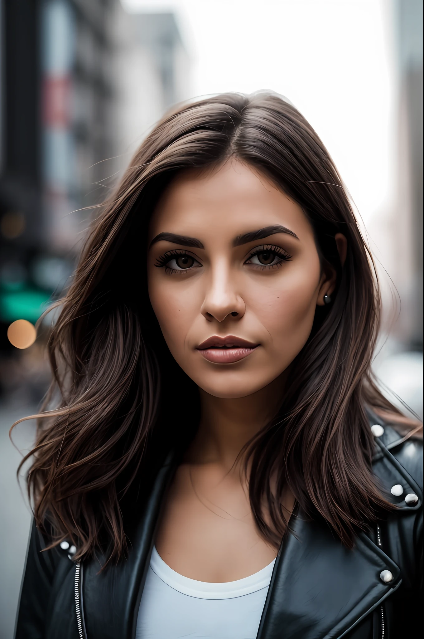 mulher arafed com cabelo longo e uma jaqueta de couro em uma rua da cidade, cinematic headshot portrait, foto de uma mulher bonita,  com cabelo castanho escuro, Retrato de 50mm, Retrato de 60mm, close-upheadshot impressionante, 7 0 mm portrait, mulher atraente do cabelo castanho, mulher morena, woman's face looking off camera, lindo rosto atraente, mulher atraente