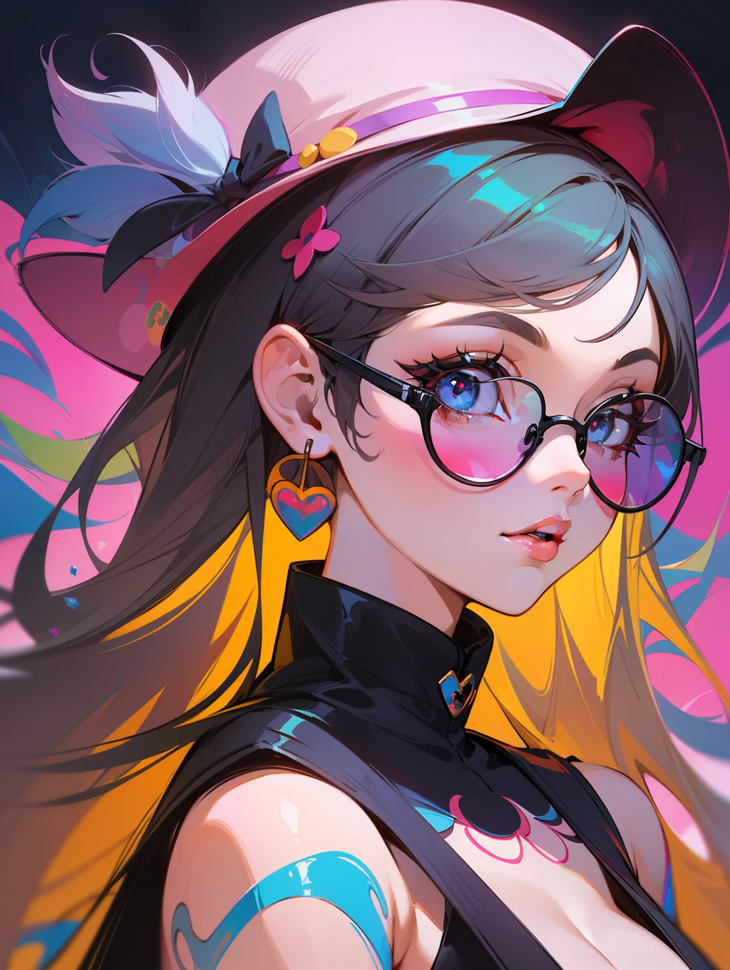 a close up of a woman wearing a hat and sunglasses, a digital painting inspired by Cyril Rolando, trending on Artstation, neo-fauvism, jen bartel, vibrant digital painting, colorful digital painting, colorful illustration, stunning digital illustration, detailed painting 4 k, stunning art style, beautiful art uhd 4 k, digital painting style, rossdraws cartoon vibrant