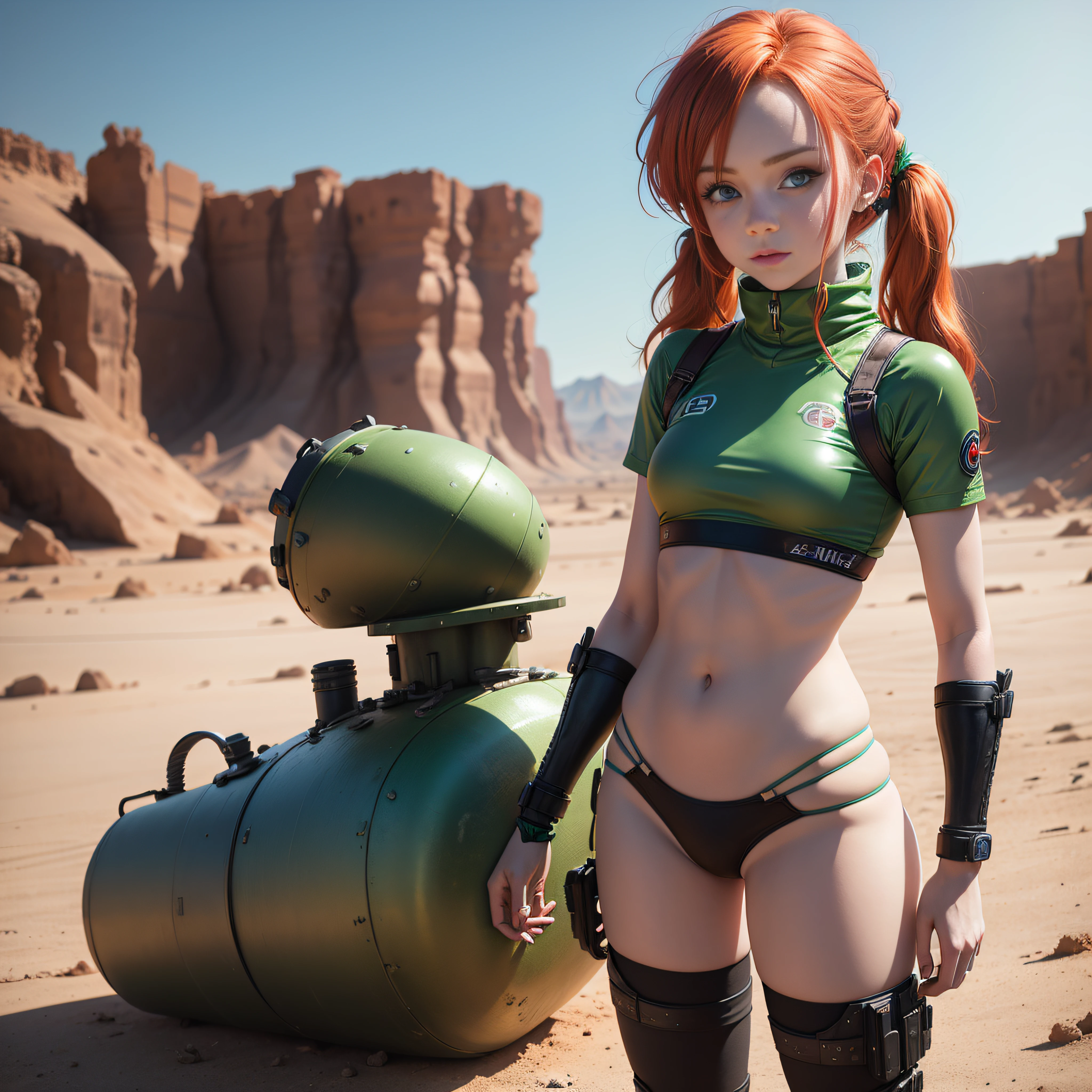 cute redhead woman in twin tails, multiple rainbow colored hair, sky-blue eyes, happy, Ukrainian, ite, pale skin, wearing a green metallic color bikini, post apocalyptic background, bleak barren desert, photo realistic woman. --auto