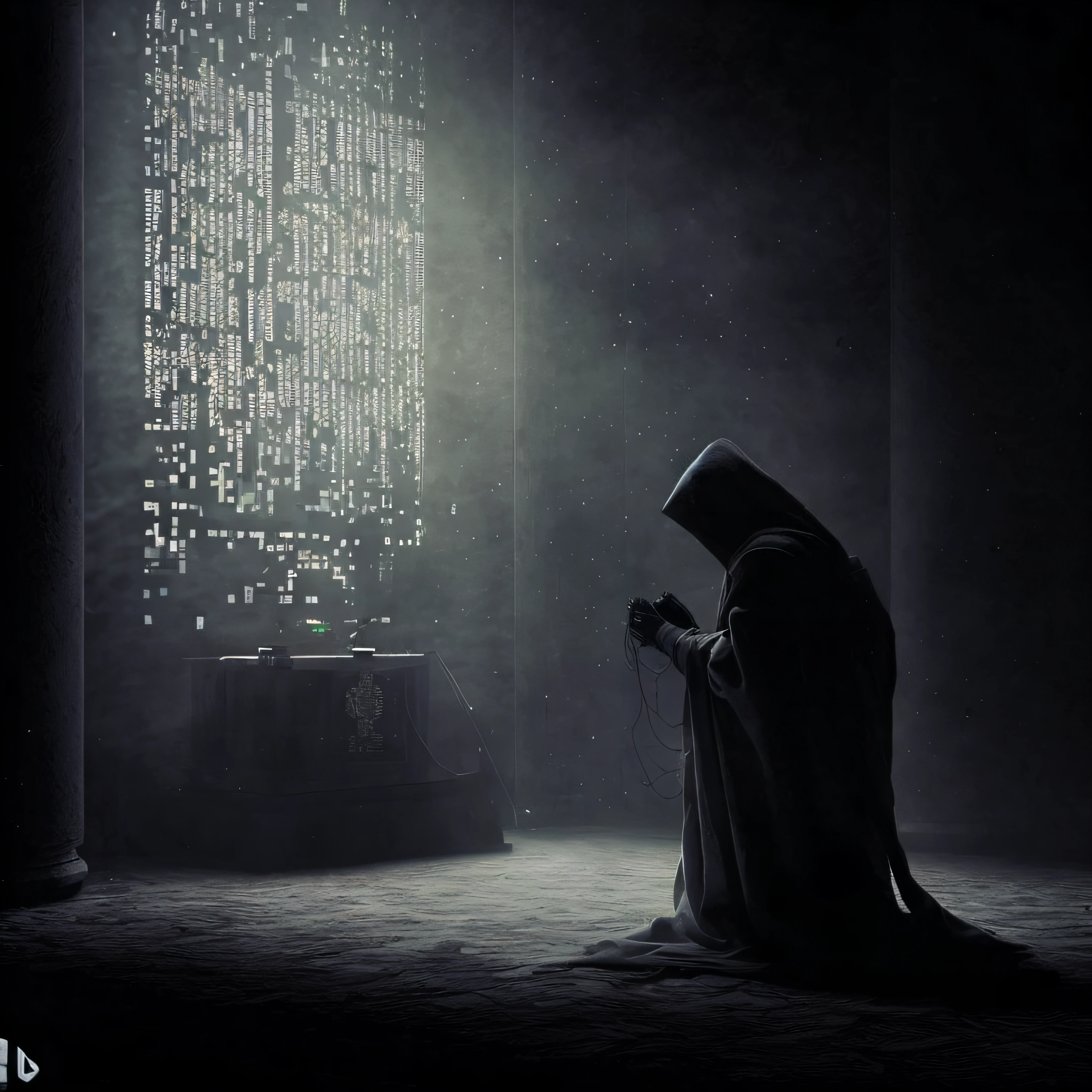 Imagem de um robo sentado em um quarto escuro com uma luz brilhando sobre eles, arte conceitual escura fotorrealista, cinematic photograph concept art, bipe. octan render, dramatic sci-fi movie still, Cyberpunk ortodoxo, dark cinematic concept art, em um altar antigo, Dark Sci - Science fiction movie scene, Arte digital escura, mas detalhada
