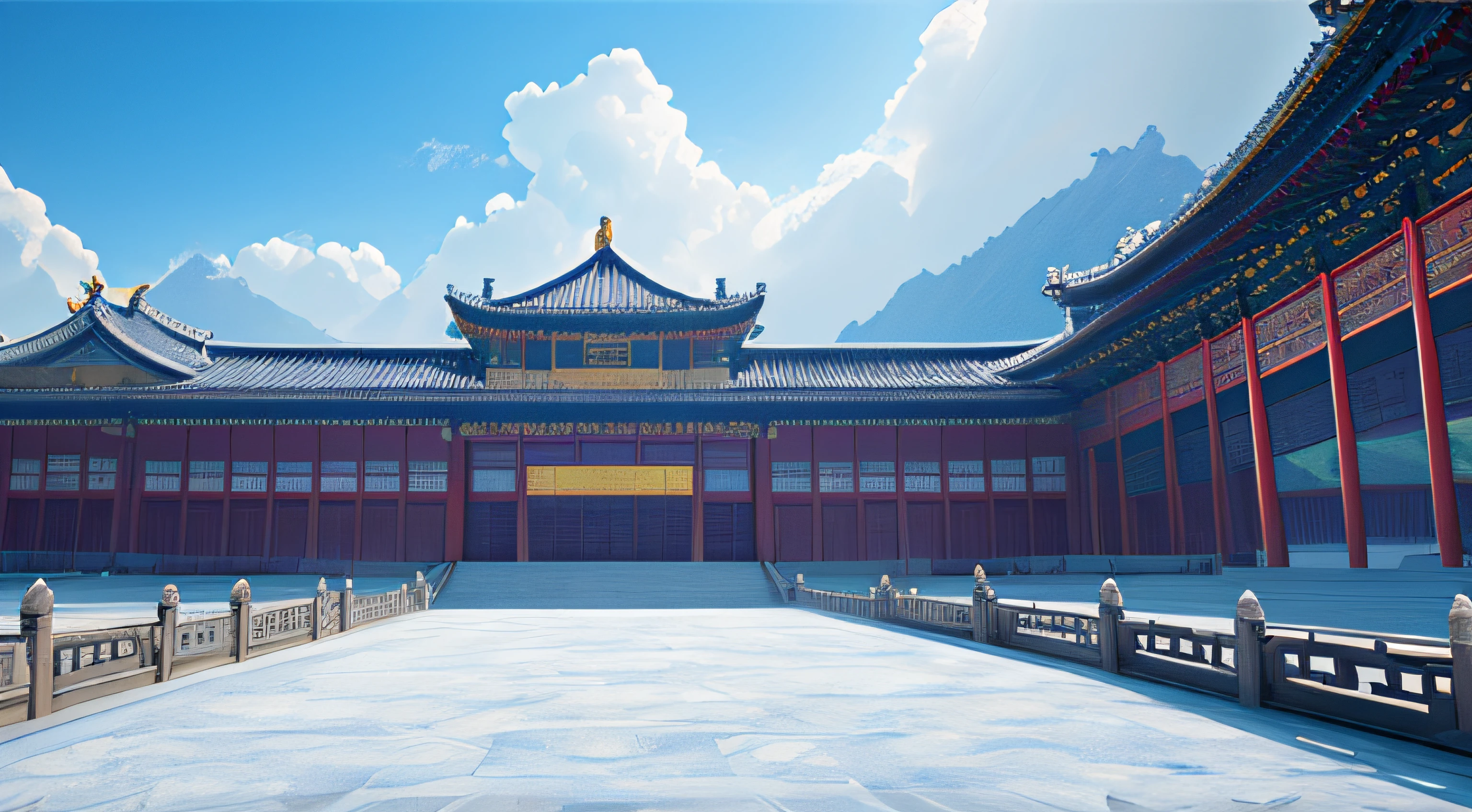 Someone was standing in front of the huge palace, Chinese ancient architecture Yunding heavenly palace Guanghan palace Guanghan palace stands in the sky, crystal wall is transparent, frozen mystery, wonderland, surreal CG rendering, unreal engine, art station, realistic, super sensory perspective, Ultra HD 8K #unreal engine #art station #ultra hd #hd 8k