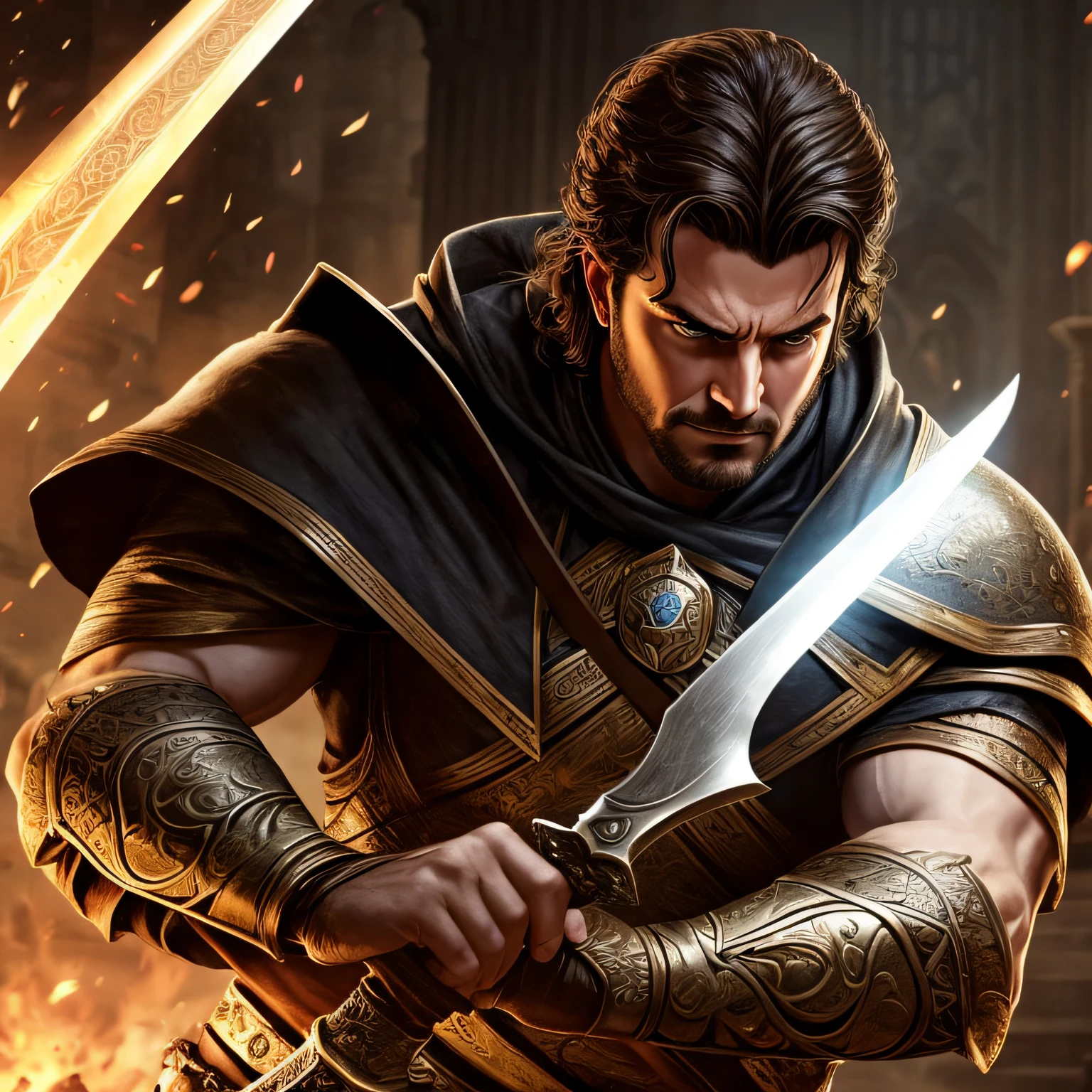 Describe a realistic image of Gideon, Biblical character, holding a sword with his face highlighted and a facial expression of revolt. Gideon's face must convey determination and fury, com olhos intensos e sobrancelhas franzidas. Your wrinkles of worry and tiredness should be evident, refletindo as dificuldades enfrentadas ao longo da sua jornada. Sua barba densa e imponente denota sabedoria e maturidade. A espada deve ser retratada com detalhes precisos, including the blade, o punho e a guarda. The positioning of the sword in relation to Gideon's body should seem realistic. As cores e sombras devem ser utilizadas para criar um efeito tridimensional, making the image richer and more authentic. The goal is to convey Gideon's courage and determination to fight oppression, Inspiring all those who observe the image to follow its example in defense of justice --auto