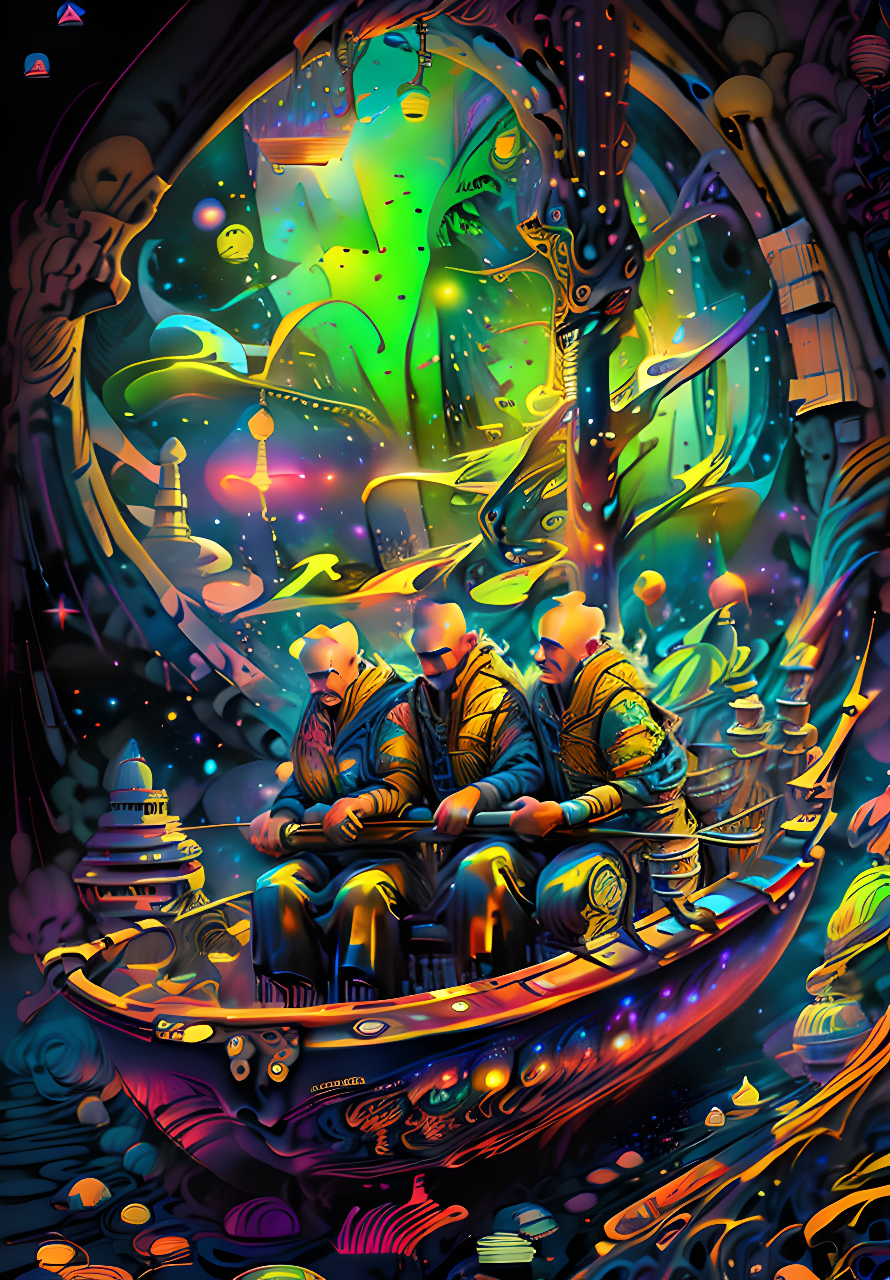 (High resolution, incredibly detailed, masterpiece), portrait of 3 elfes sailing on a boat in the sunset, featuring fractal geometry in (vibrant colors:0.9), set against a (galactic background:1.3), bringing together complex, mesmerizing shapes and patterns,dmt ,fractal art,stars and galaxies