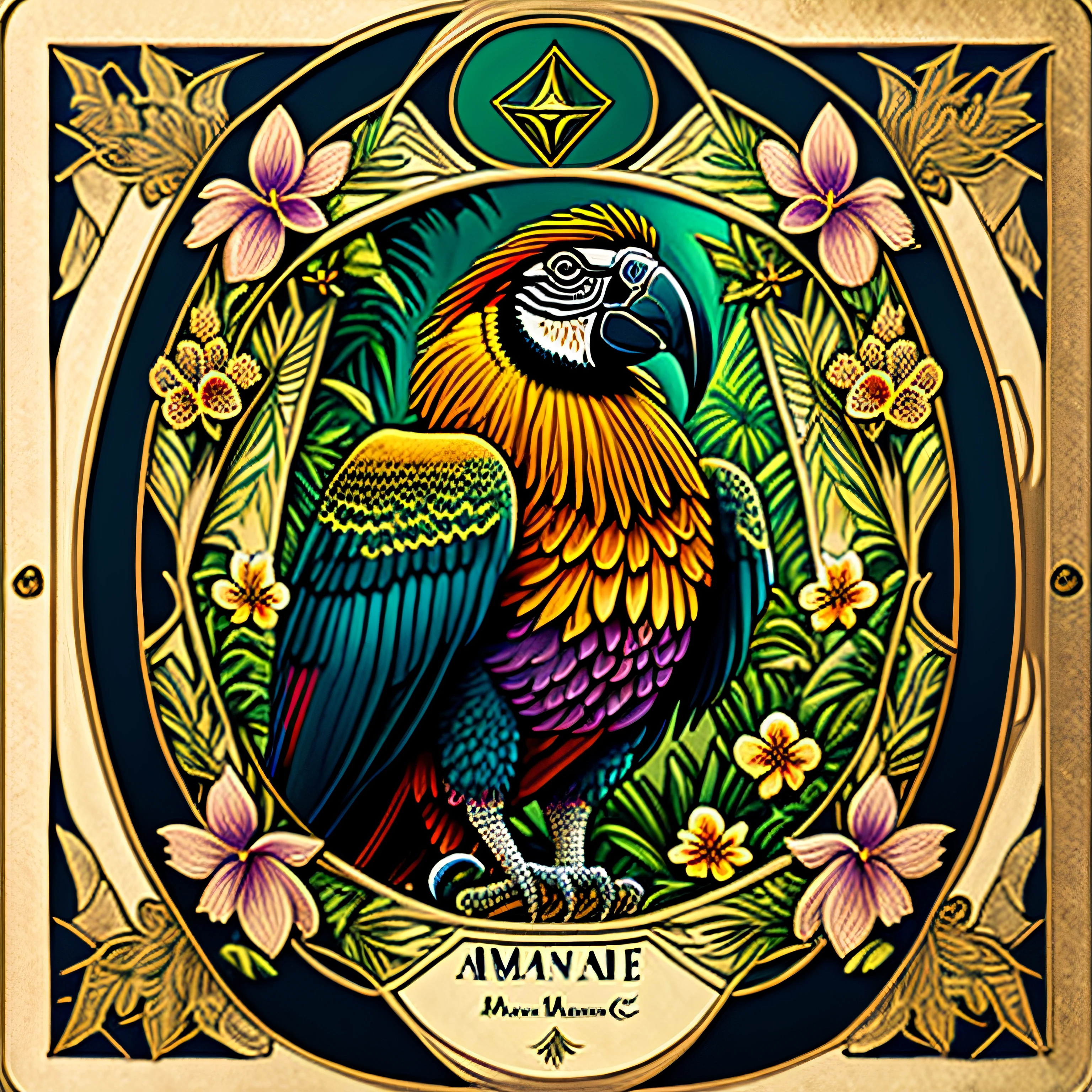 Highly detailed Egyptian tarot card with a Macaw and realistic tropical flowers, in a jungle with symmetrical frame around, cores fortes --auto