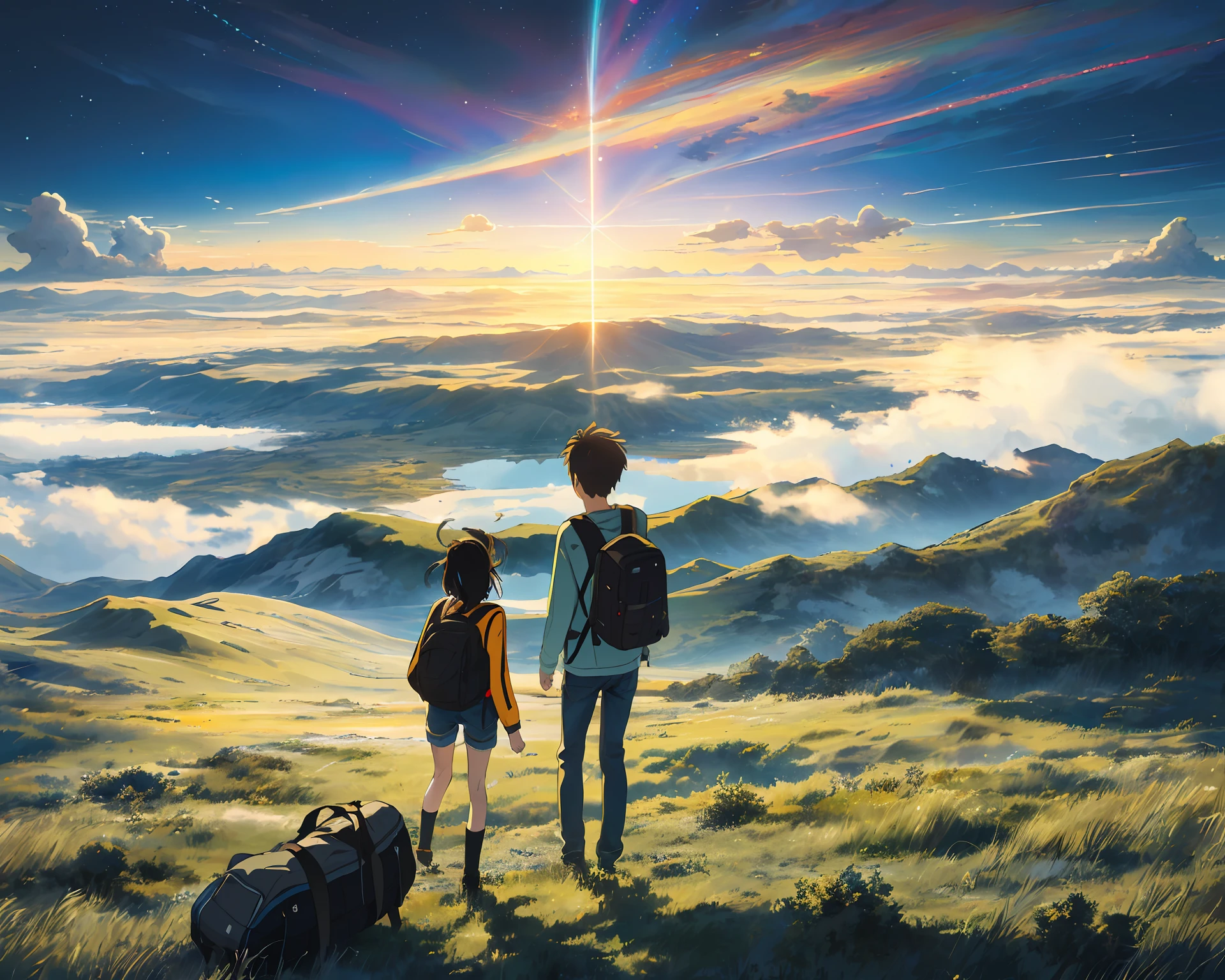 ((vast sky)), beautiful skyline, large grasslands, ((very tense)) and (dramatic)) pictures, ((moving))((visuals)), ((hanging North Star)), ((colorful)) natural light. ((long-sleeved top)) (denim shorts) | ((Back Backpack)) (boy and girl)