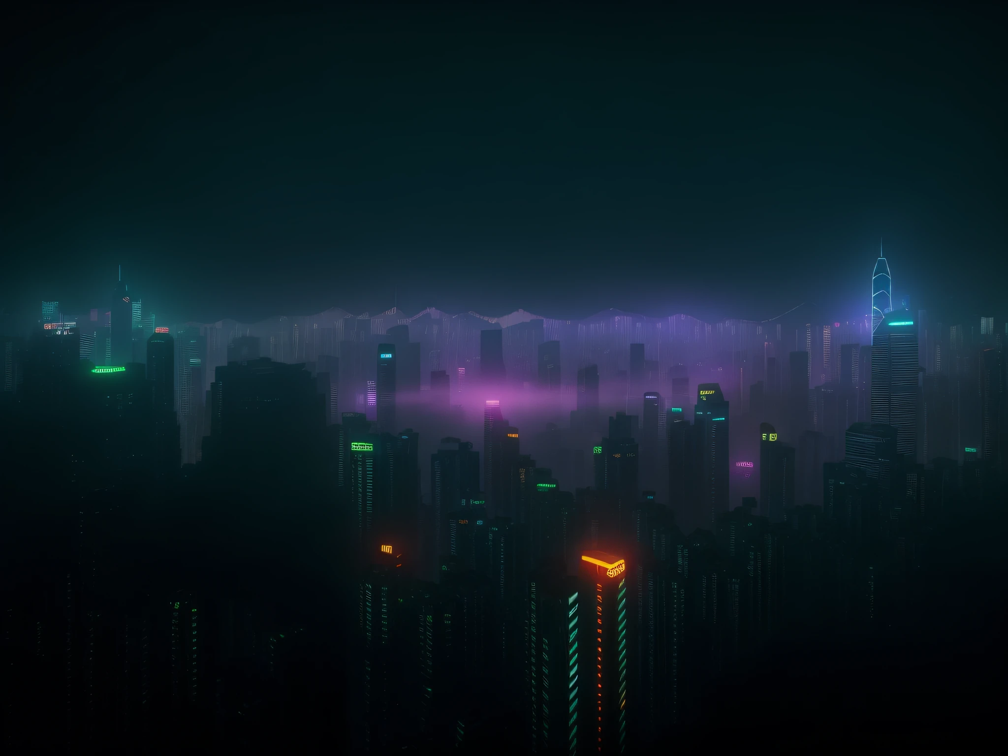 Night view of the city with skyscrapers and bridges, Hong Kong cyberpunk cityscape, cinematic neon matte painting, dystopian city skyline at night, vfx powers at night in the city, city like hong kong, Like《bladerunner》Scene in , luminescent matte painting, scifi nightscape，cyber punk style，There is a volumetric fog effect，More real，Ray traching，Ultra high quality，tmasterpiece，cinematic style