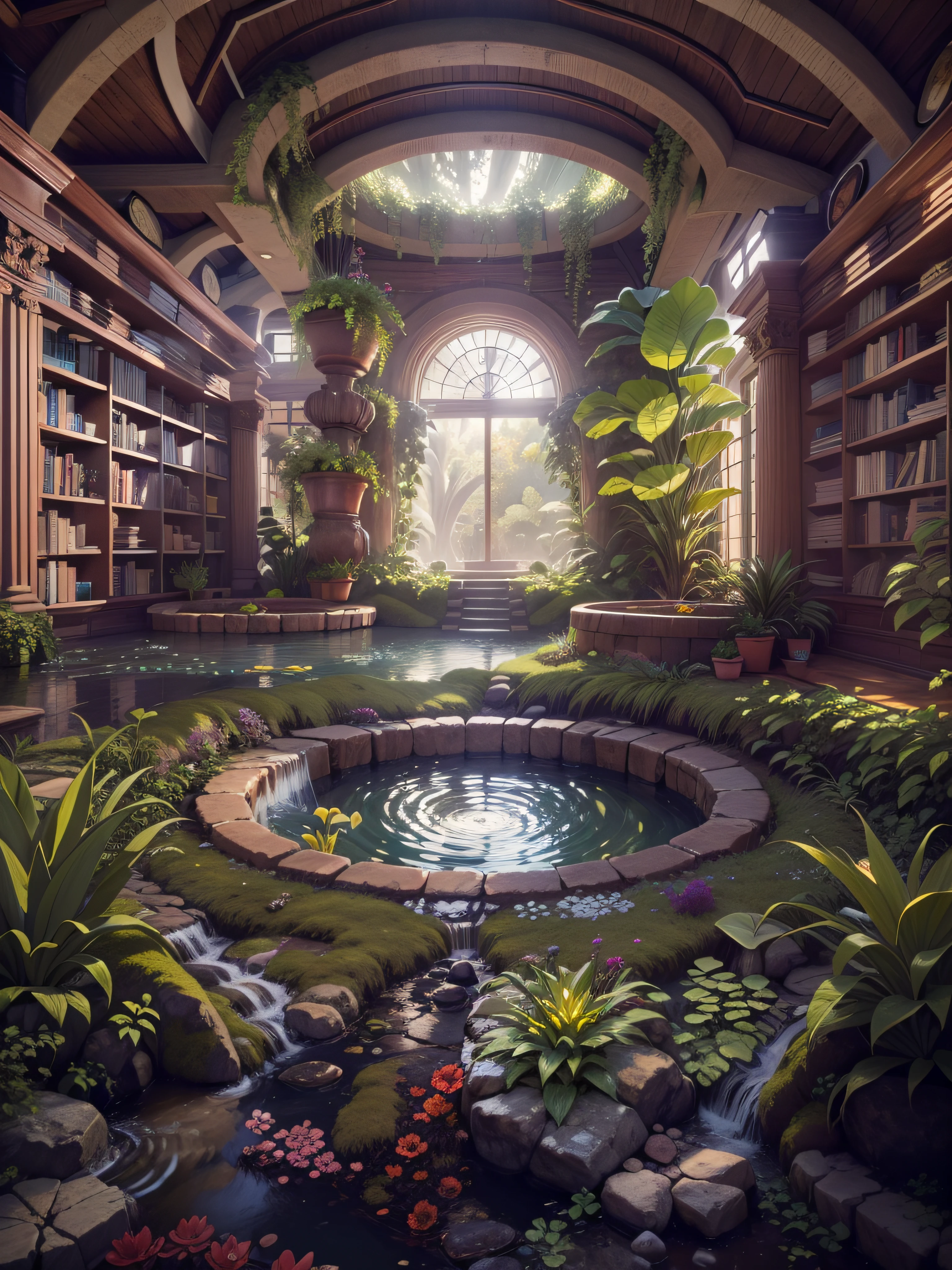 hyperdetailed whirlpool with tradescantia nanouk and bromeliad emerging from ground of hyperdetailed pretty Library with a stream flowing through it that glows like natural lighting, cinematic lighting, 8k, unreal engine, octane render, realistic