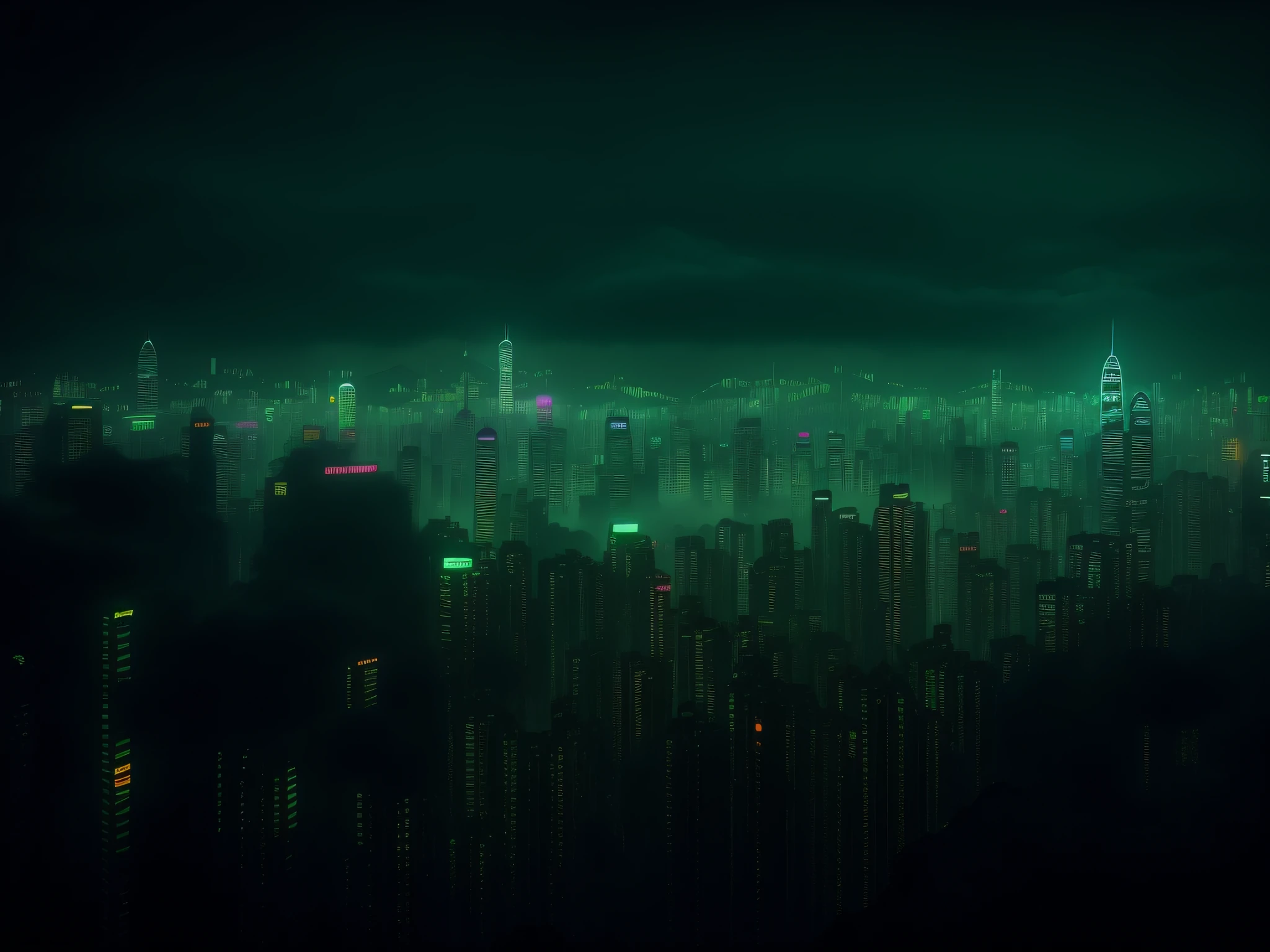 Night view of the city with skyscrapers and bridges, Hong Kong cyberpunk cityscape, cinematic neon matte painting, dystopian city skyline at night, vfx powers at night in the city, city like hong kong, Like《bladerunner》Scene in , luminescent matte painting, scifi nightscape,cyber punk style,There is a volumetric fog effect,More real,Ray traching,Ultra high quality,tmasterpiece,cinematic style