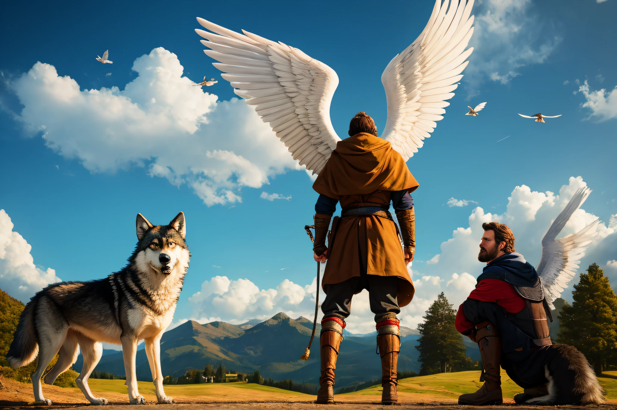 During training young Rog and his pet wolf meet an holy strong angel came above the sky, The medieval world, 8k, HD cinematography captures.