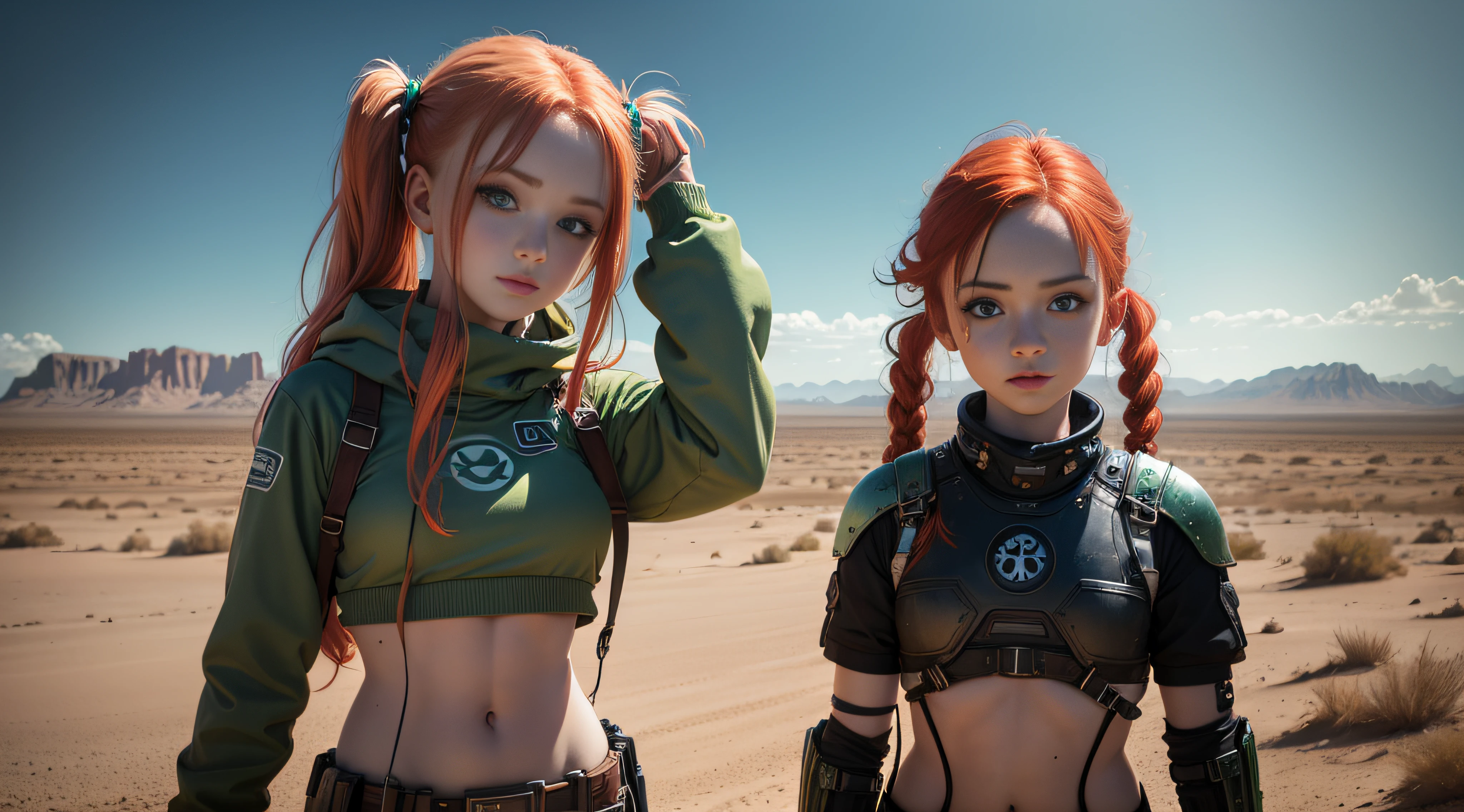 cute redhead woman in twin tails, multiple rainbow colored hair, sky-blue eyes, happy, Ukrainian, petite, pale skin, wearing a green metallic color bikini, post apocalyptic background, bleak barren desert, photo realistic woman. --auto