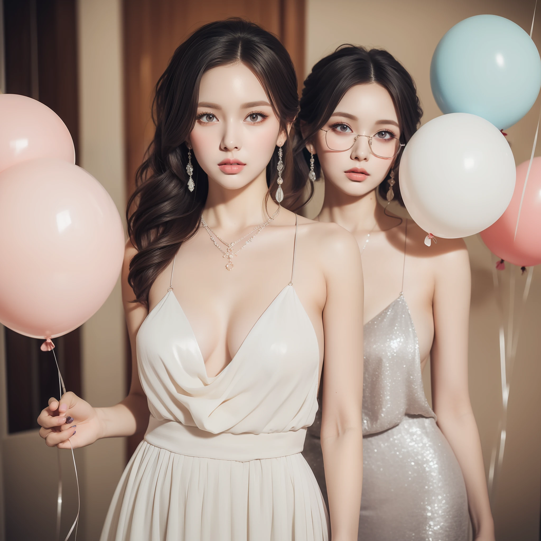 (Masterpiece:1.2),(CGI Art:1.3),(Realistic:1.5),(post-proces:1.3),(Sharp focus:1.3),8K,3 girls in bedroom, ((Upper body)), ((White dress)), (((Shiny skin))), (Wide shot:1.4), window, (((Pastel balloons MESS IN BACKGROUND))), (high shadows detail) , (illustration:1.2), (Ulzzang-6500:1.0), ((hdr)), huge tit,blush,Wear sunglasses,