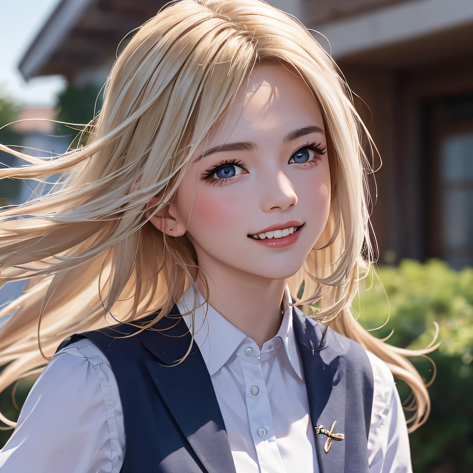 (8K, RAW Photos, of the highest quality, Masterpieces: 1.2), (Realistic, Photorealistic: 1.37), Highest Quality, Ultra High Resolution, light  leaks, Dynamic lighting, Slim and smooth skin, (Full body:1.3), (Soft Saturation: 1.6), (Fair skin: 1.2), (Glossy skin: 1.1), Oiled skin, 22 years old, Night, shiny white blonde, Well-formed, Hair fluttering in the wind, Close-up shot of face only, Physically Based Rendering, From multiple angles, A big smile, School uniform, Pleated skirt, Beige vest, thunderstorm, The Flash,