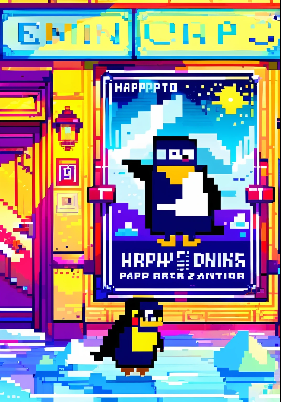 no human, joyful dancing, happy running, penguin parent and penguin child, ice skating, shimmering ice surface, movie poster, title logo, pixel art,