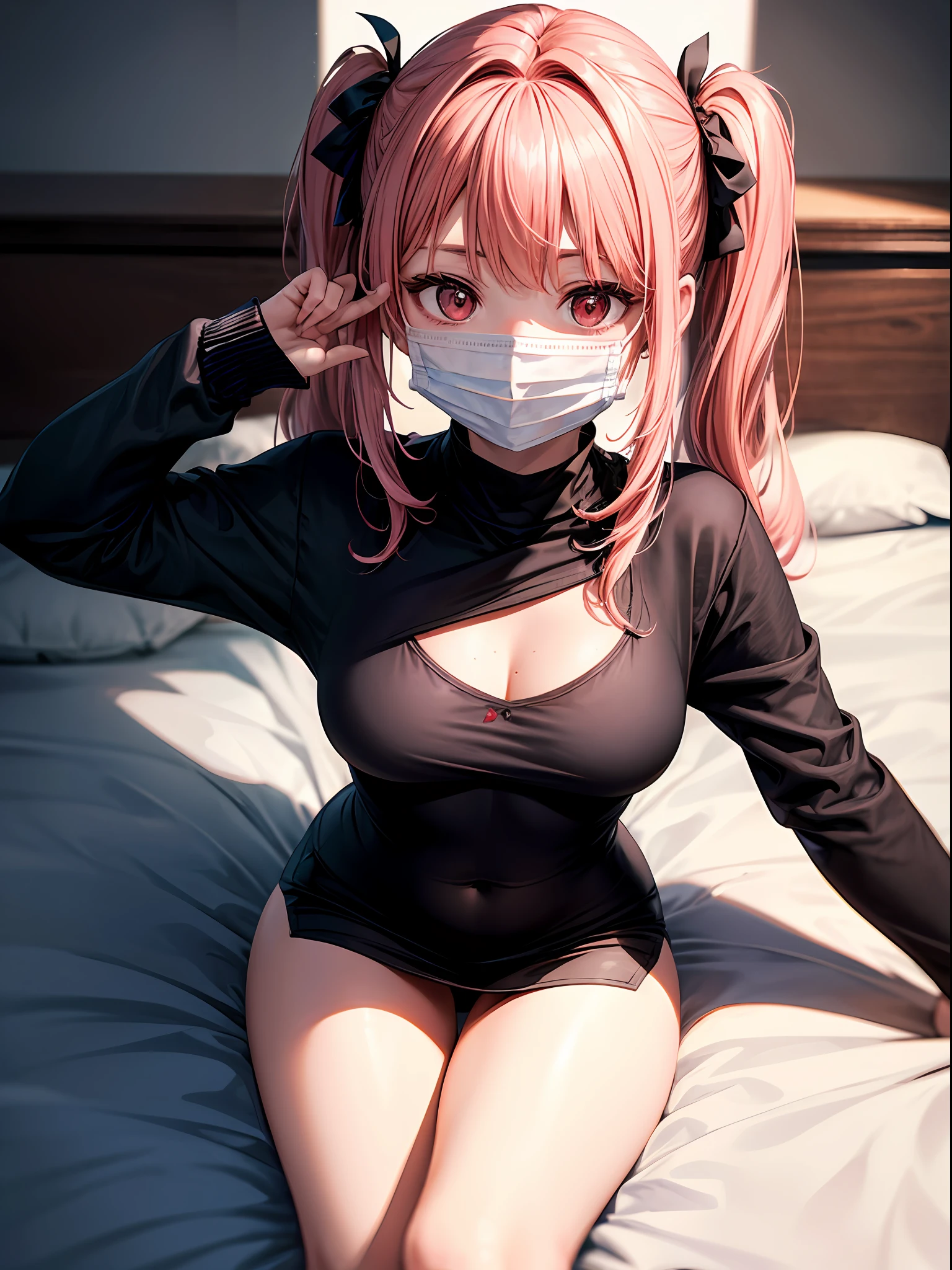 top-quality、1girl in,Pink hair、Twin-tailed、Red Eyes、Red cheeks、Pink teak:1.3、a small face、Black cloth mask、Black sweatshirt:1.3、Colossal tits、Emphasis on the chest、Putting out the navel:1.1、Constriction、White miniskirt、Thin leg、natta、darkened room、Lying on your back on the bed:1.7、View here、Angle from diagonally above、Background blur、​masterpiece