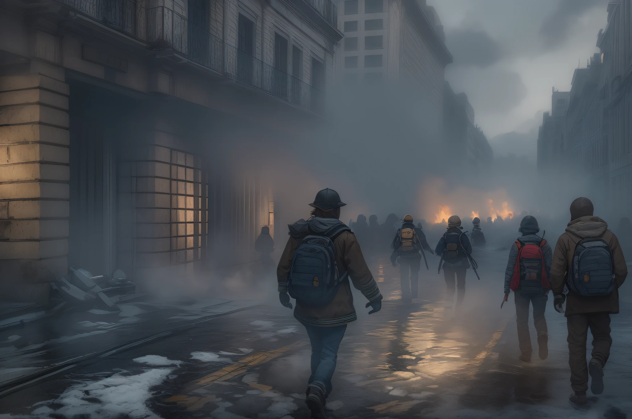 Scene of people fleeing a smoke ce fire, em chamas ao fundo, neve, frio, gelo, rua de cidade moderna central park, Cobblestones, piscinas lamacentas, Atmospheric, cinematographic, trending in artstation, escombros, building beams,Smoke Apocalypse Scenario, afiada, intrincada, Highly detailed patterns.
