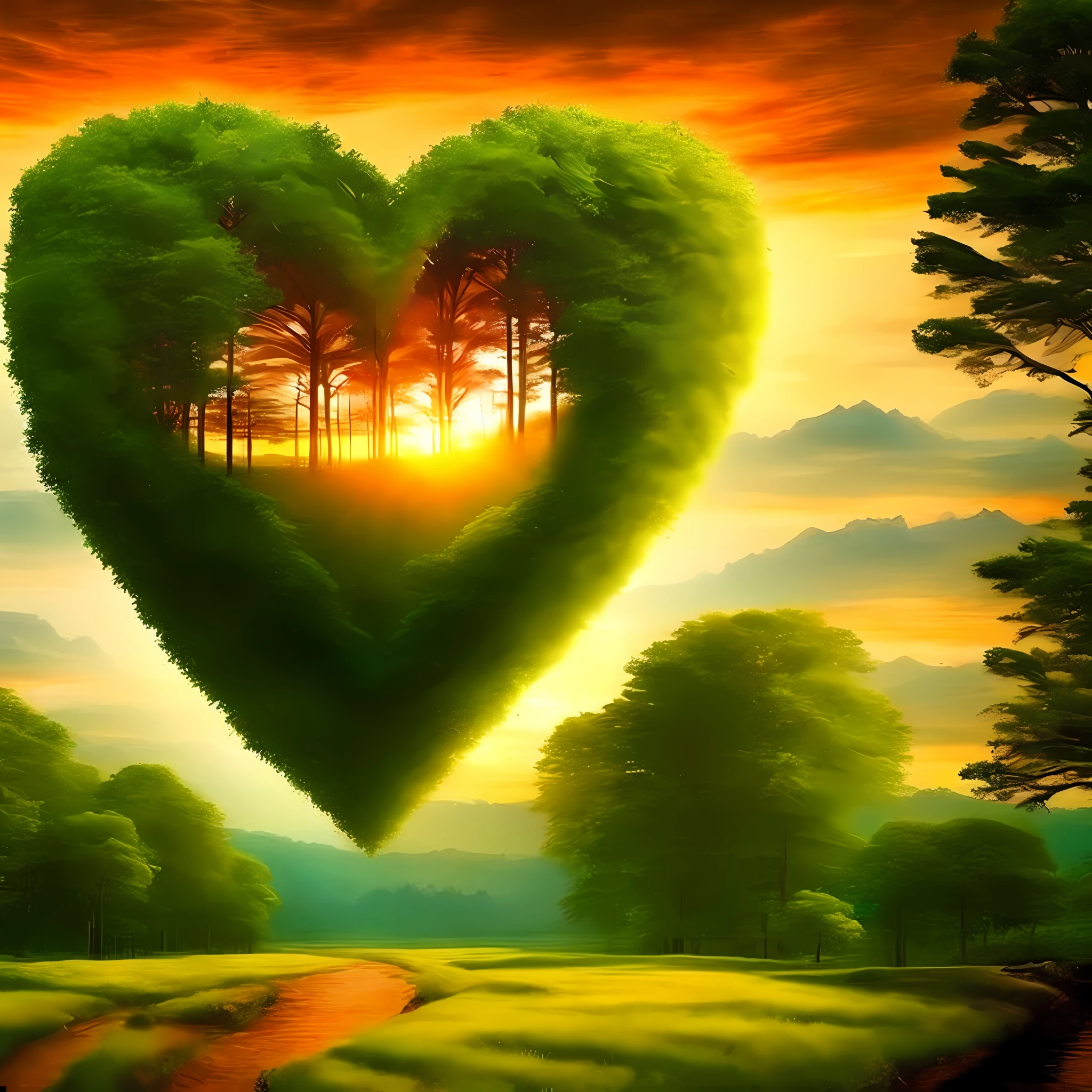 a painting of a sunset forest in the shape of a heart, Somewhere