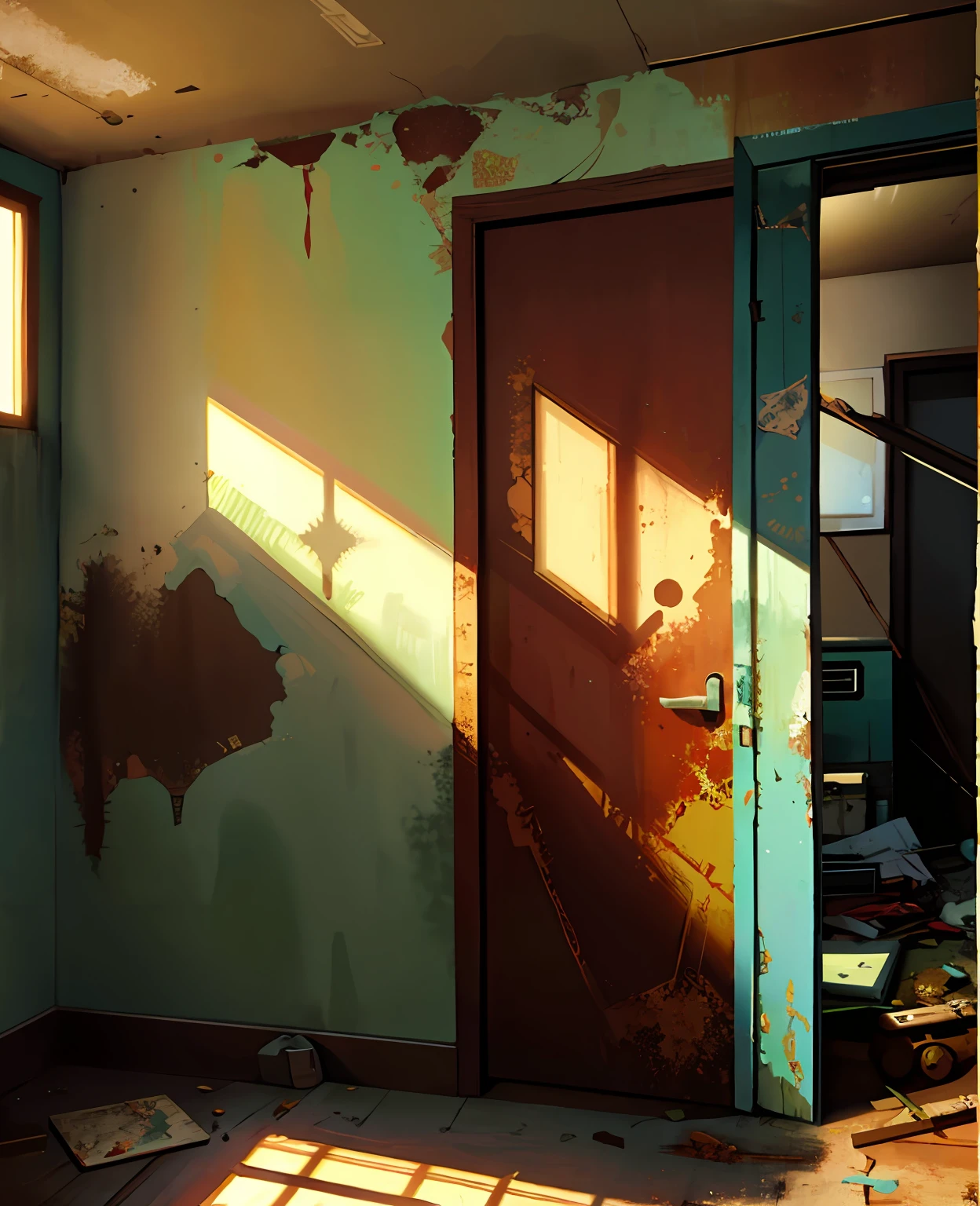 There is a doorway on the wall with a broken door, Digital Painting, Abandoned room, painted as a game concept art, digital painting concept art, digital painting highly detailed, Painting the room, Digital painting in soft light, Old Walls, Abandoned Hospital, room in the hospital
