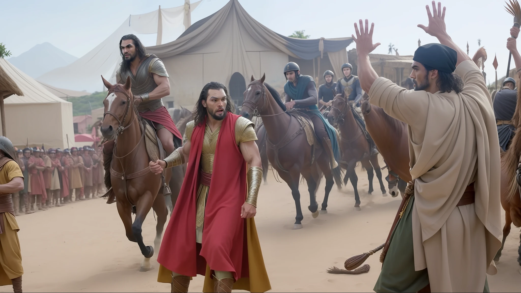 There are many people dressed in costumes riding horses and waving, biblical epic movie, jason momoa as assyrian, na captura de tela do filme de jesus, action scene from the film, cena do filme, o rei chegou, Adam Driver como um rei que chegou a cidade com sua tropa, Henry Cavill como um deus grego, Filmado do filme do rei davi, como um rei