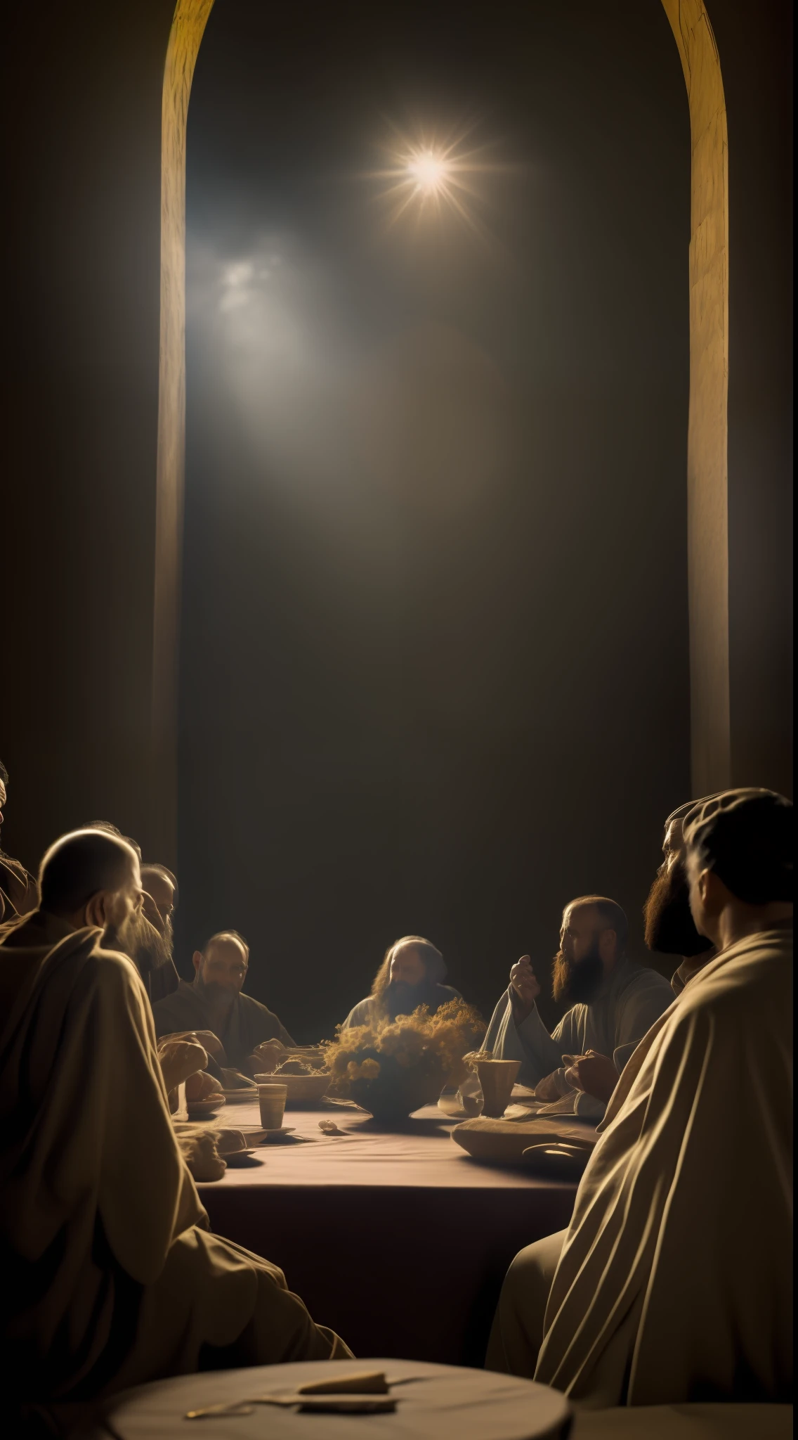 In the image we see Jesus at the head of the table quoting a parable to the scribes and Pharisees, imagens rica em detalhes, retratando o tempo, best high-quality ultra-realistic image possible, a luz do sol brilhante ao fundo entre nuvens