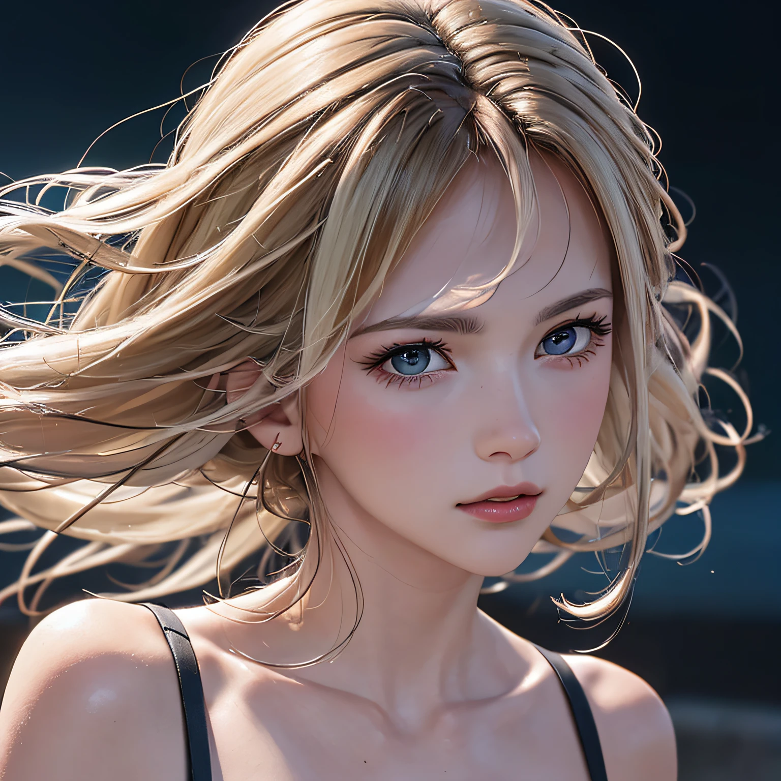 (8K, RAW Photos, of the highest quality, Masterpieces: 1.2), (Realistic, Photorealistic: 1.37), Highest Quality, Ultra High Resolution, light  leaks, Dynamic lighting, Slim and smooth skin, (Full body:1.3), (Soft Saturation: 1.6), (Fair skin: 1.2), (Glossy skin: 1.1), Oiled skin, 22 years old, Night, shiny white blonde, Well-formed, Hair fluttering in the wind, Close-up shot of face only, Physically Based Rendering, From multiple angles