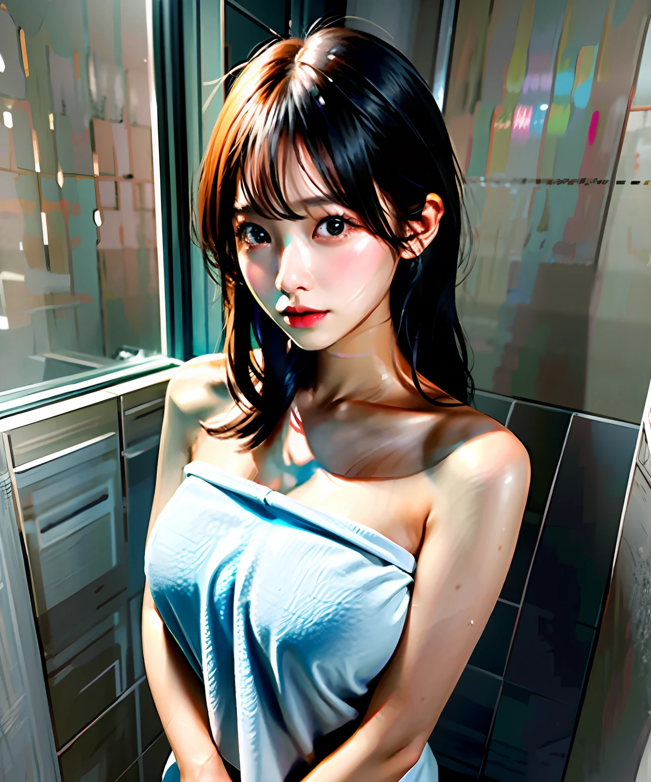 a young korean woman is bathing under the shower in the bathroom, steam, wet body, wet hair, seductive pose, (large boobs:1.1), wrapped towel