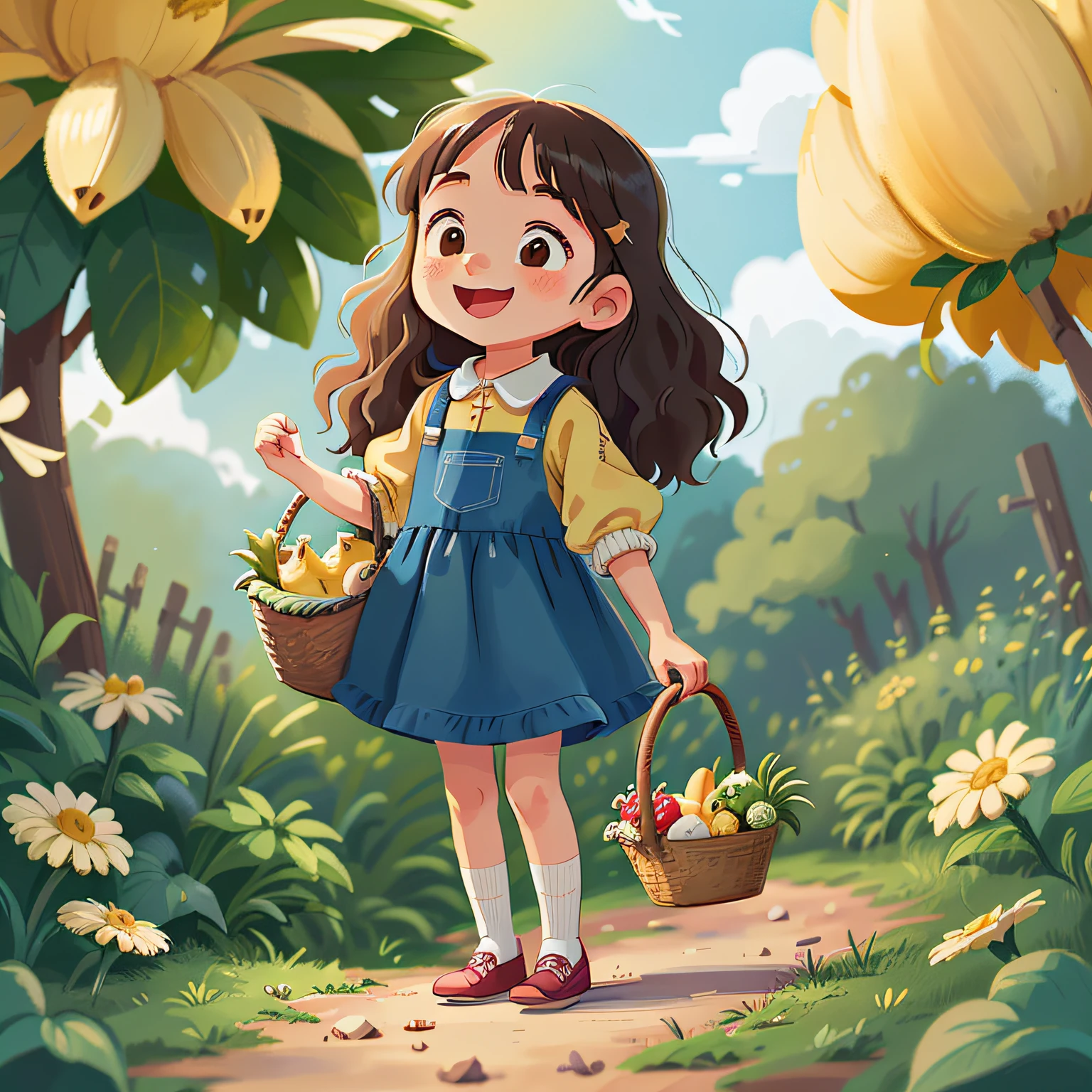 Happy child girl. Bucolic style. Women's children's clothing, With a basket of banans in hand. Cor Lisa |. Arte simples. Ghibli Style Studio. Estilo personagem bananinhas