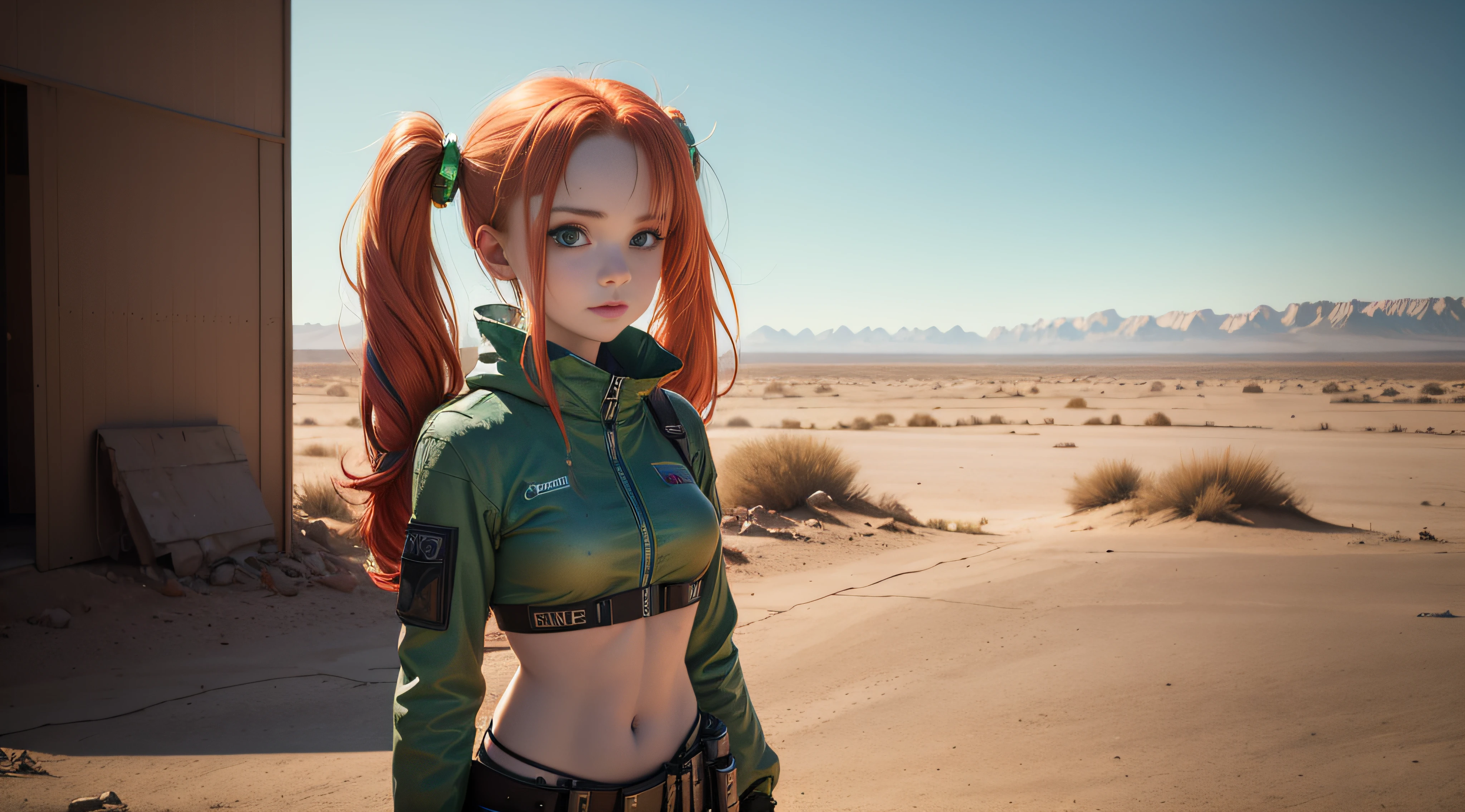 cute redhead woman in twin tails, multiple rainbow colored hair, sky-blue eyes, happy, Ukrainian, petite, pale skin, wearing a green metallic color bikini, post apocalyptic background, bleak barren desert, photo realistic woman. --auto