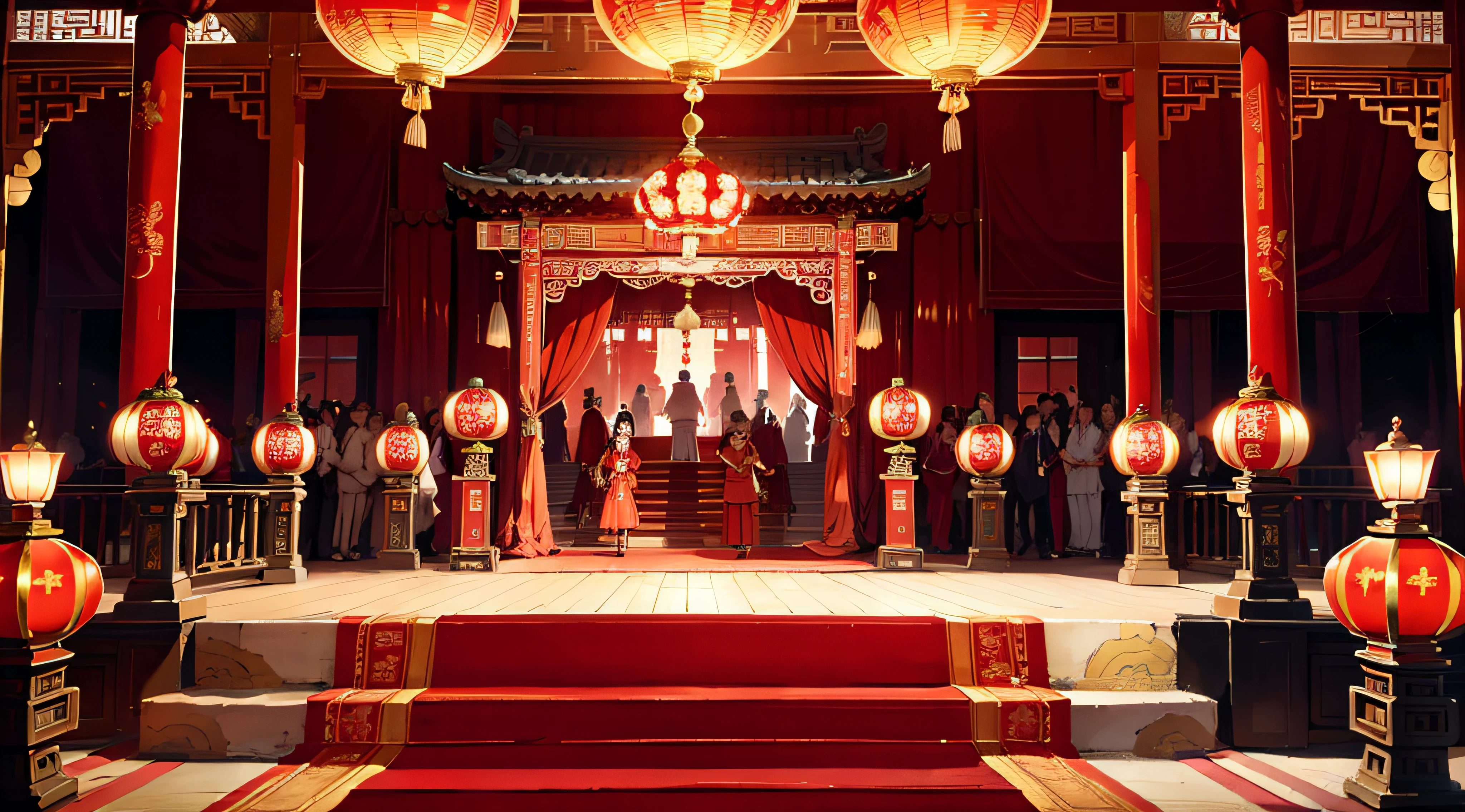 China's red palace decoration, festive wedding scene, decorations, nostalgia, ancient Chinese design, big scene, stage, crowded people, red staircase, tall red door, red lanterns hanging around, complex Chinese carved gatehouse, aestheticism, movie lighting HD, 8k, unreal engine, octane number rendering.HD