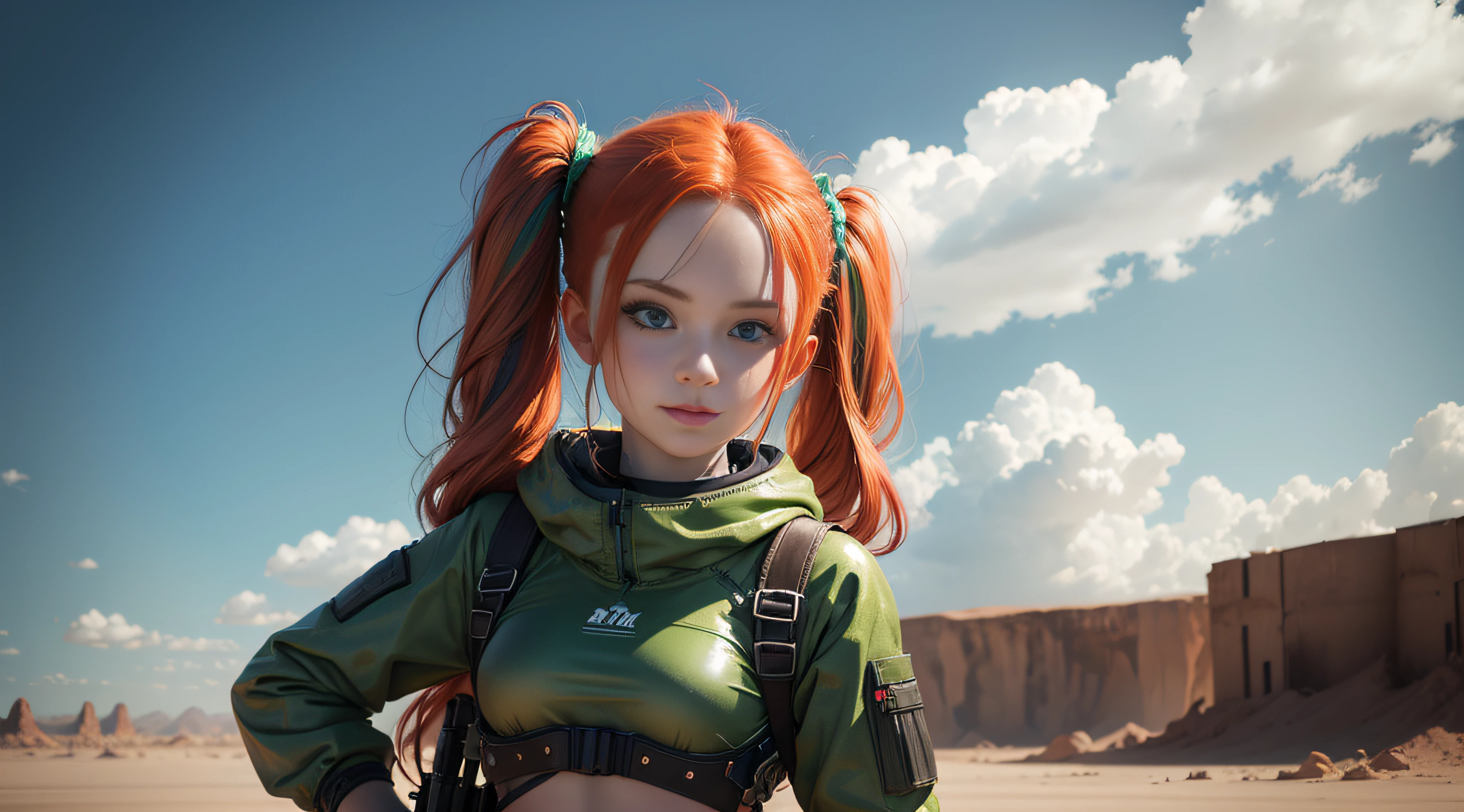 cute redhead woman in twin tails, multiple rainbow colored hair, sky-blue eyes, happy, Ukrainian, petite, pale skin, wearing a green metallic color bikini, post apocalyptic background, bleak barren desert, photo realistic woman. --auto