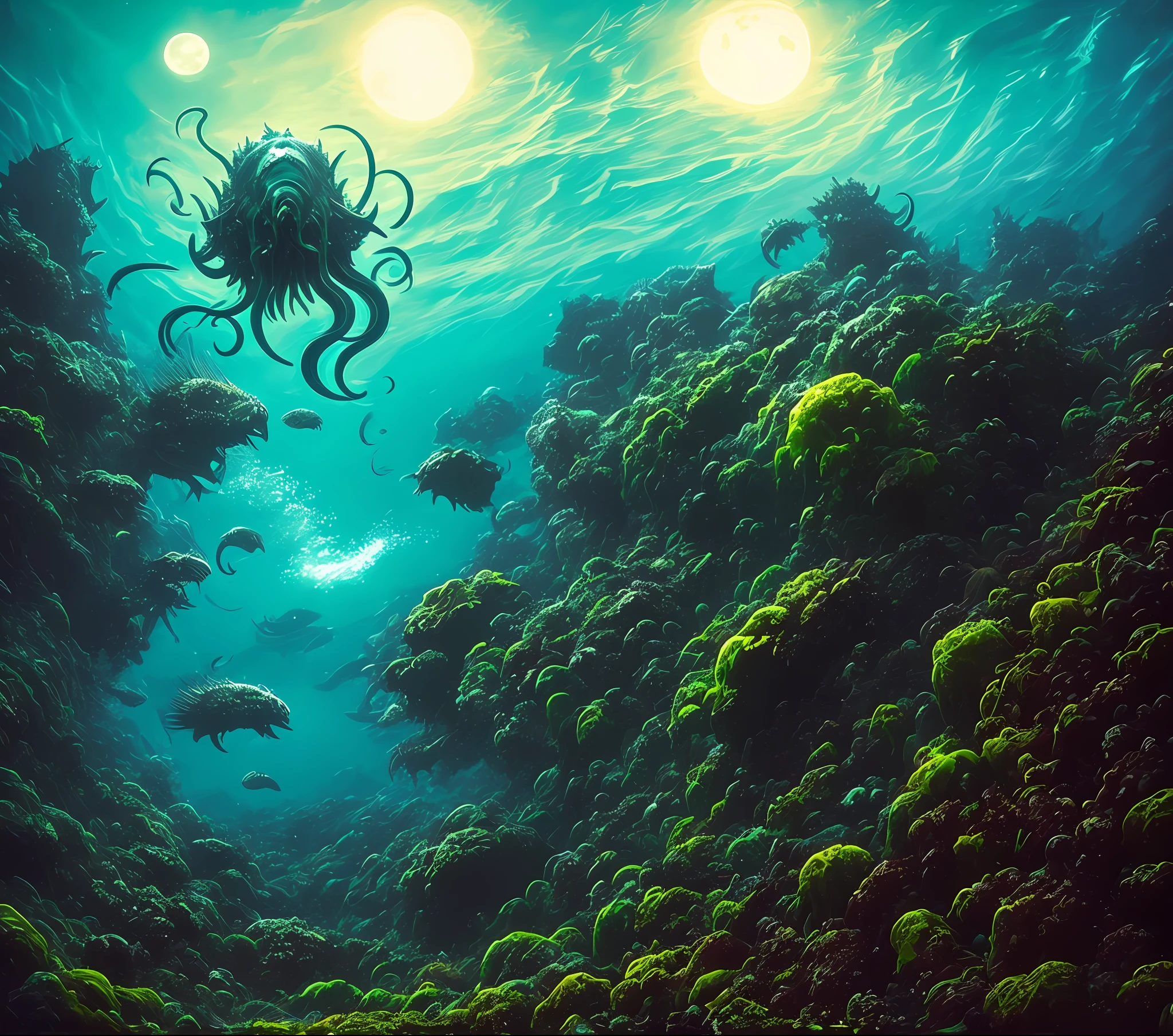 Elder god Cthulhu rises from The seas, it is partly covered in algae and filth, its eyes are glowing with an ominous Glow, The sea splashes as this Gigantic creature rises from itseternal slumber, dark ambient, lovecraftian horror, sea storm, dark Waters, full moon