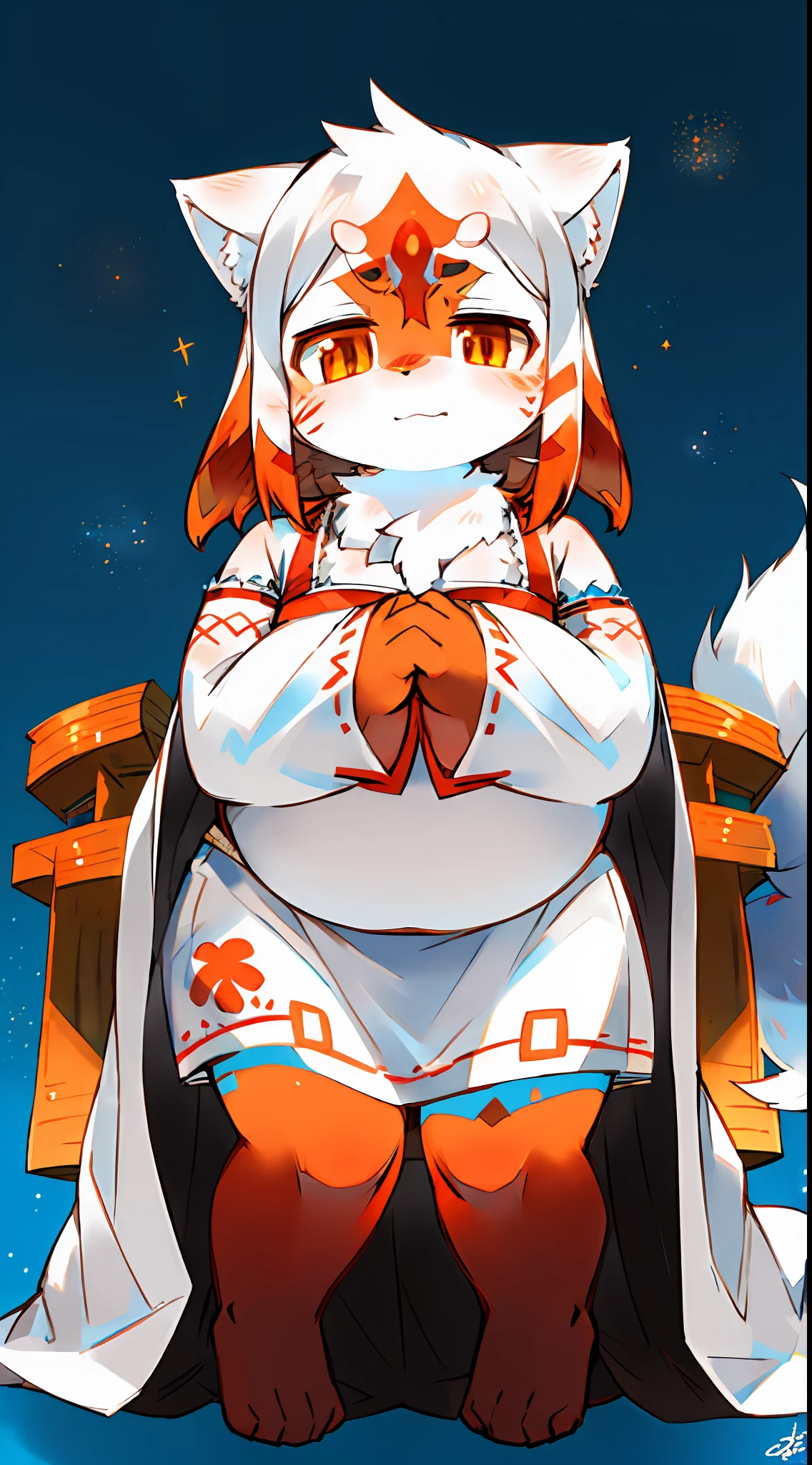 1girl, white wolf girl, kemono, slightly chubby,belly, chubby cheek, medium chest, dress, white dress,fully white fur, orange eye, red face paint, fluffy tail light blush, light particle, signature, portrait, blue background, shrine background, white particle, full body