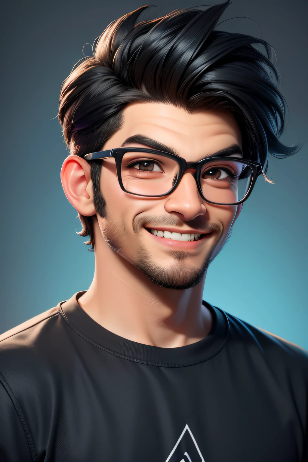 there is a man with glasses, nft portrait, avatar image, high quality portrait, in cartoon style, professional profile picture, amed chahin, alex yanes, black t-shirt, random hair, smile
