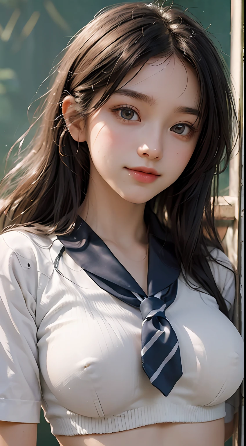 8K, 超A high resolution, Top image quality, ​masterpiece, A hyper-realistic, a picture, 1 rapariga, (sixteen years old:1.3), Cute little girl s, cute  face, beautiful finely detailed eyes, beautiful finely detailed eyes, (School Girl:1.5), (Medium big breasts:1.2),((Shining eyes)),(full bodyesbian),A little smile,