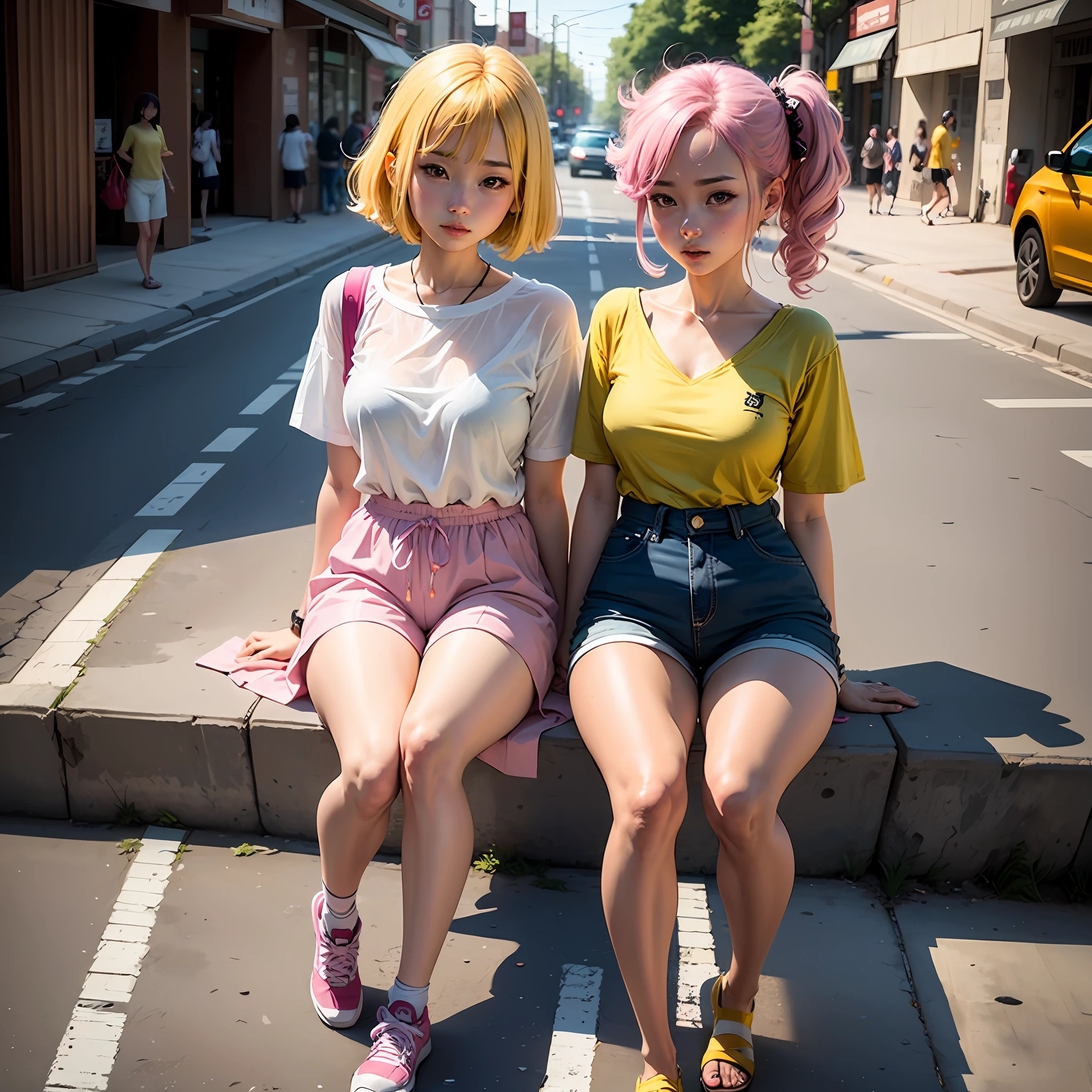 Two women in shorts and yellow shirts walk down the street, Anime style mixed with Fujifilm, two beautiful anime girls, Anime girl in real life, yoshitomo nara and aya takano, Anime-style, Japanese anime style, japanese street fashion, Anime style, japanese city street fashion, modern anime style, Two girls, Tiny waist,Tiny legs,Tiny chest,Tiny hands,see-through transparent clothes,perspire,White liquid,There are small pink seams in the legs,Sit on the side of the road,Vaginal development for girls。 --auto