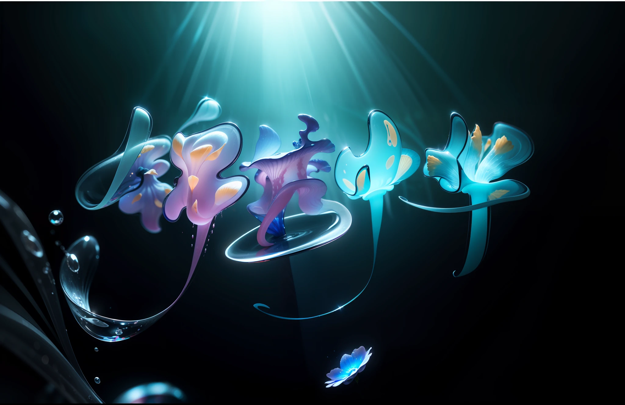 （jelly fish），[Style-Petal]，Style-Glass，closeup cleavage，dramatics，Volumetriclighting，sub surface scattering，（Background bokeh）