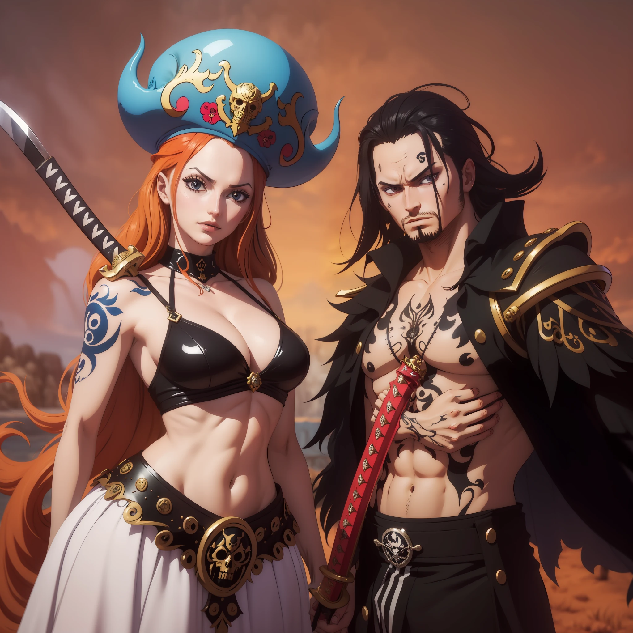 melhor qualidade, mulher de olhos vermelhos sentada, Posar, Man King of the Pirates com uma tatuagem de dragão, espadachim usando duas katanas, lado a lado, rindo, felizes, bonitos, pose para foto, sentados