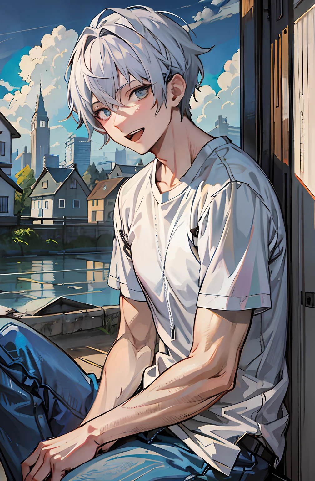 Anime boy sitting on windowsill looking out the window, Tall anime guy with blue eyes, Handsome anime pose, young anime man, Male anime style, Guviz-style artwork, Digital anime illustration, Anime boy, male anime character, Anime portrait of a handsome man, trending on artstation pixiv, clean and meticulous anime art, clean and meticulous anime style