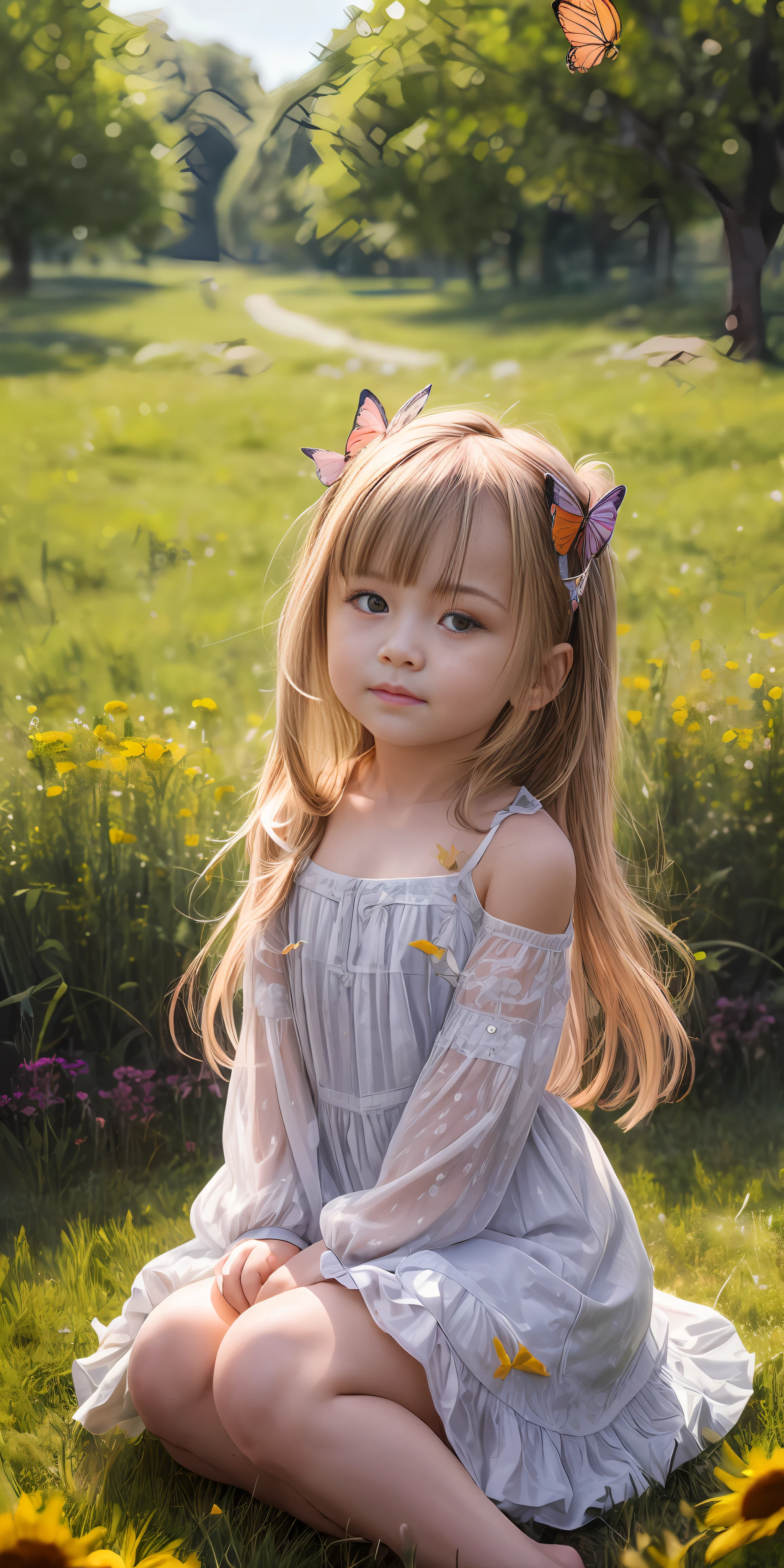 High Detail, Ultra Detail, 8K, Ultra High Resolution A cute and innocent girl, toddlerenjoying her time in the open field, surrounded by the beauty of nature, warm sun sprinkling on her, wildflowers gently swaying in the breeze. Butterflies and birds flutter around her, adding to the playful atmosphere,