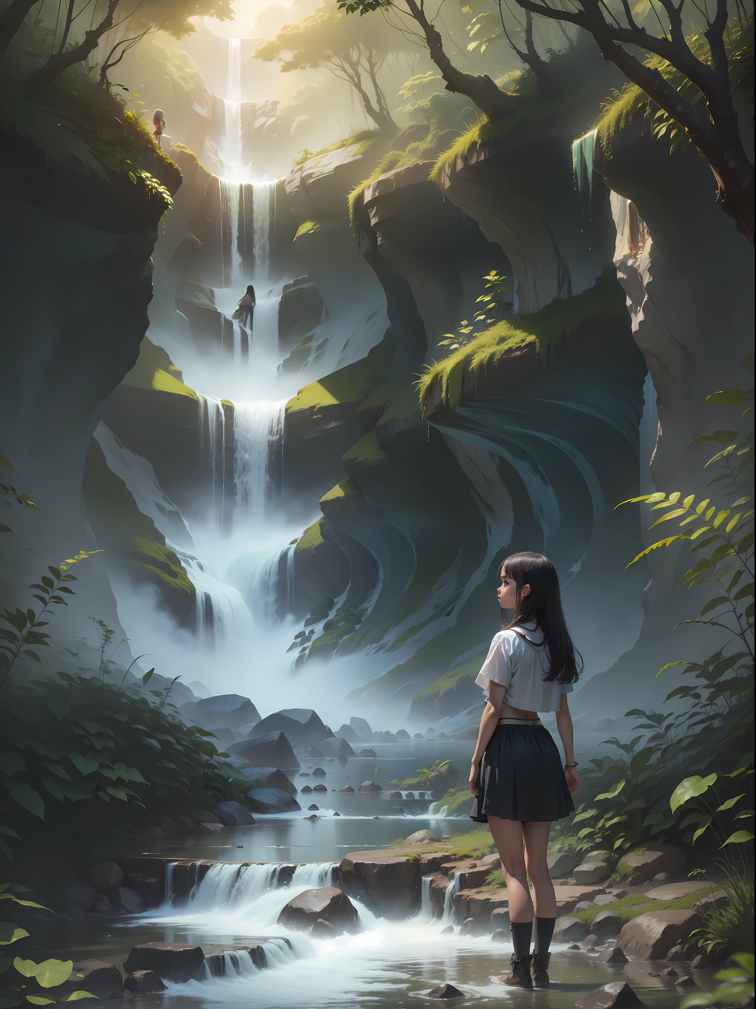 "A girl stands in the midst of a captivating jungle, bathed in the beauty of a mesmerizing waterfall."