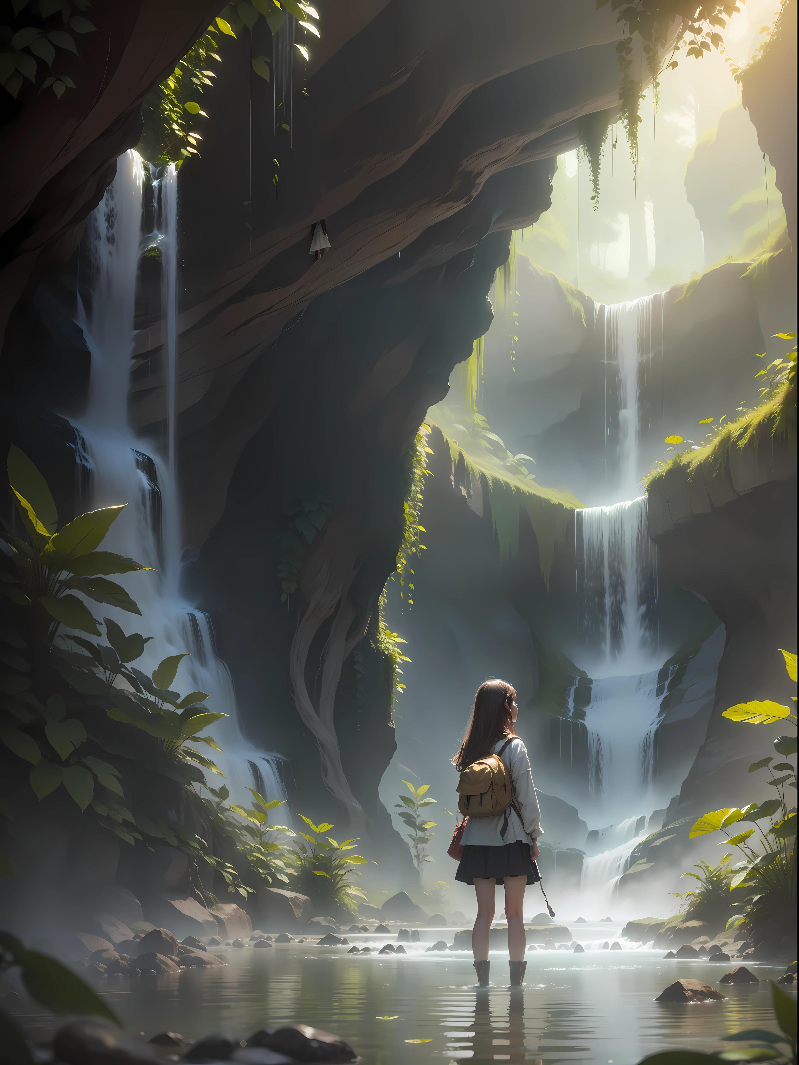 "A girl stands in the midst of a captivating jungle, bathed in the beauty of a mesmerizing waterfall."