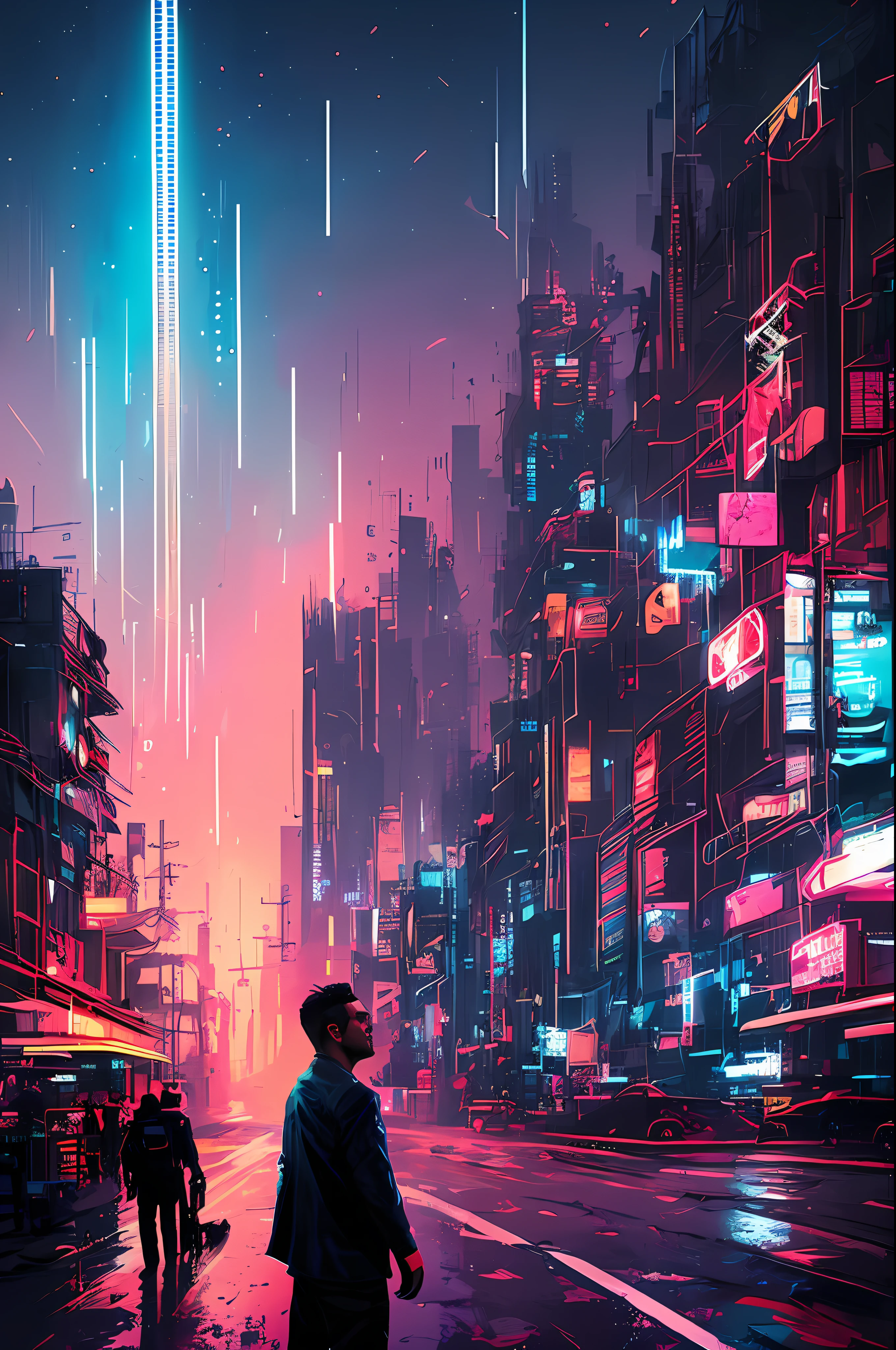 Portait of a confident man smiling in doubt, night cyberpunk city skyline, snthwve style nvinkpunk, by jeremy mann, by sandra chevrier, by dave mckean and richard avedon and maciej kuciara, punk rock, tank girl, high detailed, 4k, RTX