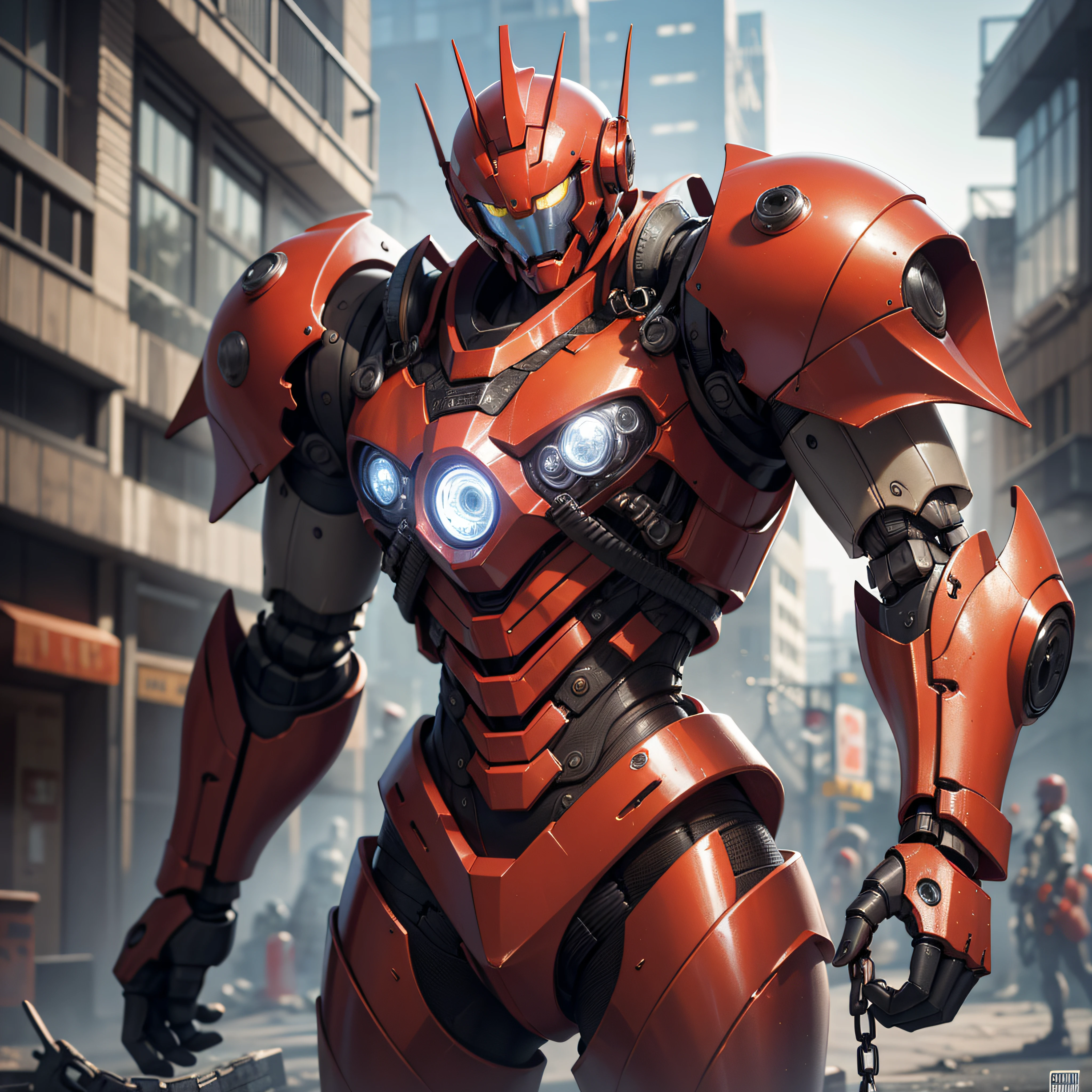 red dvMech, 85mm, f1.8, red robot portrait, dark matte smooth ceramics, intricate design, very detailed, fine details, extremely clear lines, cinematic lighting, realistic photos, a detailed masterpiece, Dark_Fantasy, Cyberpunk, (chain saw, chain saw man, Red:1.1), 1man, red Mechanical marvel, Robotic presence, Red Cybernetic guardian, in shabby (((red mech suit))), intricate, ((red steel metal)), elegant, clear focus, photographed by greg rutkowski, soft lighting, bright colors, masterpiece, ((street)), cowboy shooting, dynamic pose
