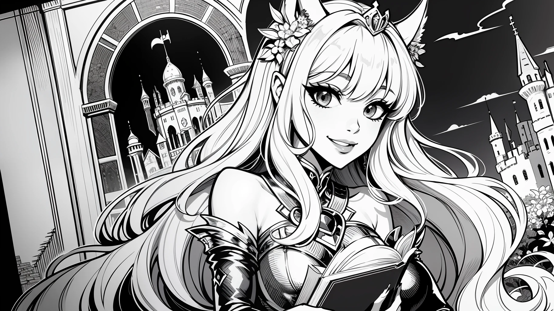 Lineart, monochrome colors, princesa fofa, livro de colorir, sorrindo, fofa, flores, Castle scenery, preto e branco