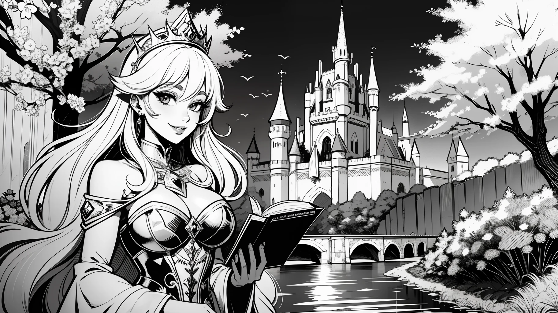 Lineart, monochrome colors, princesa fofa, livro de colorir, sorrindo, fofa, flores, Castle scenery, preto e branco