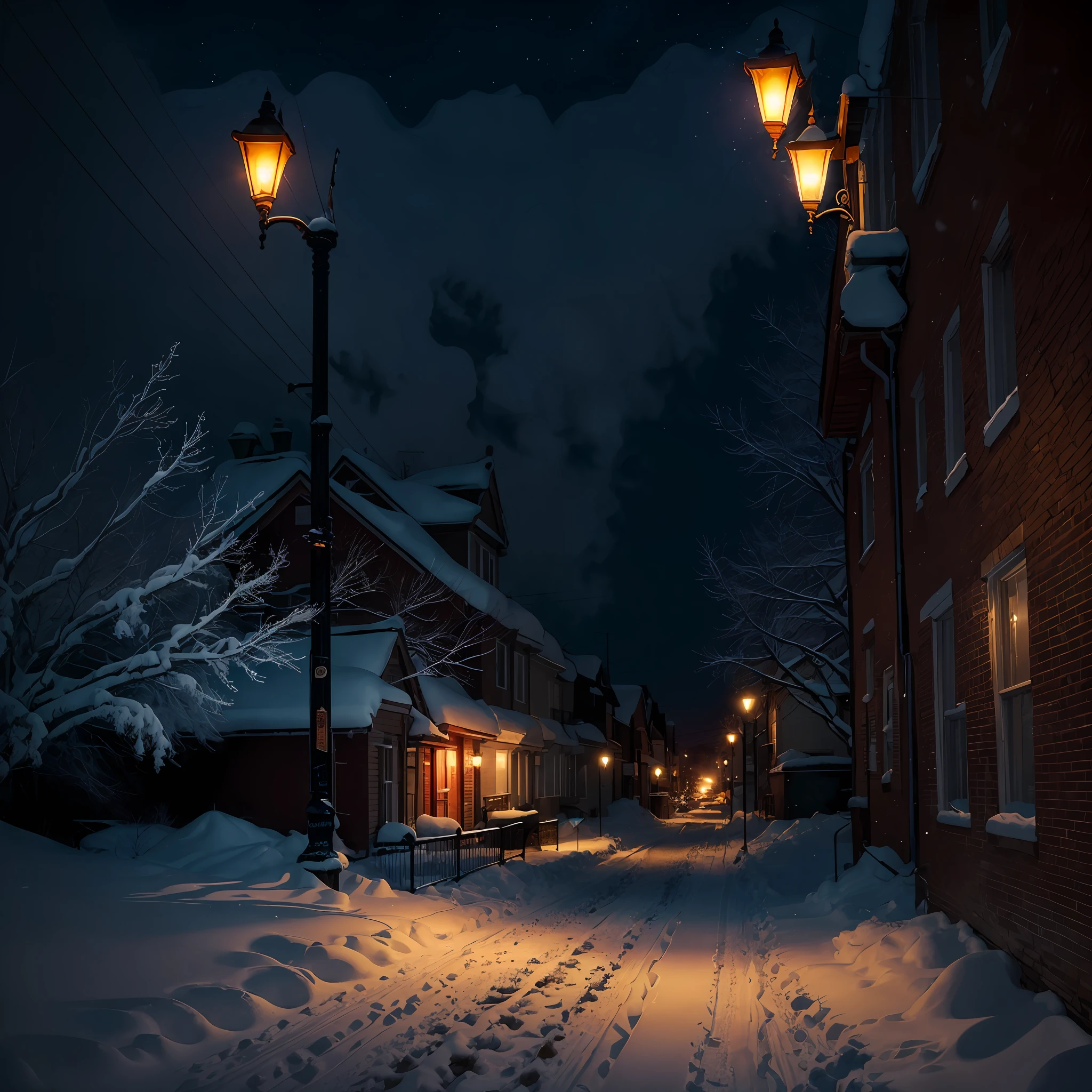 A dark street with only the lamppost light on on a blizzard night --auto