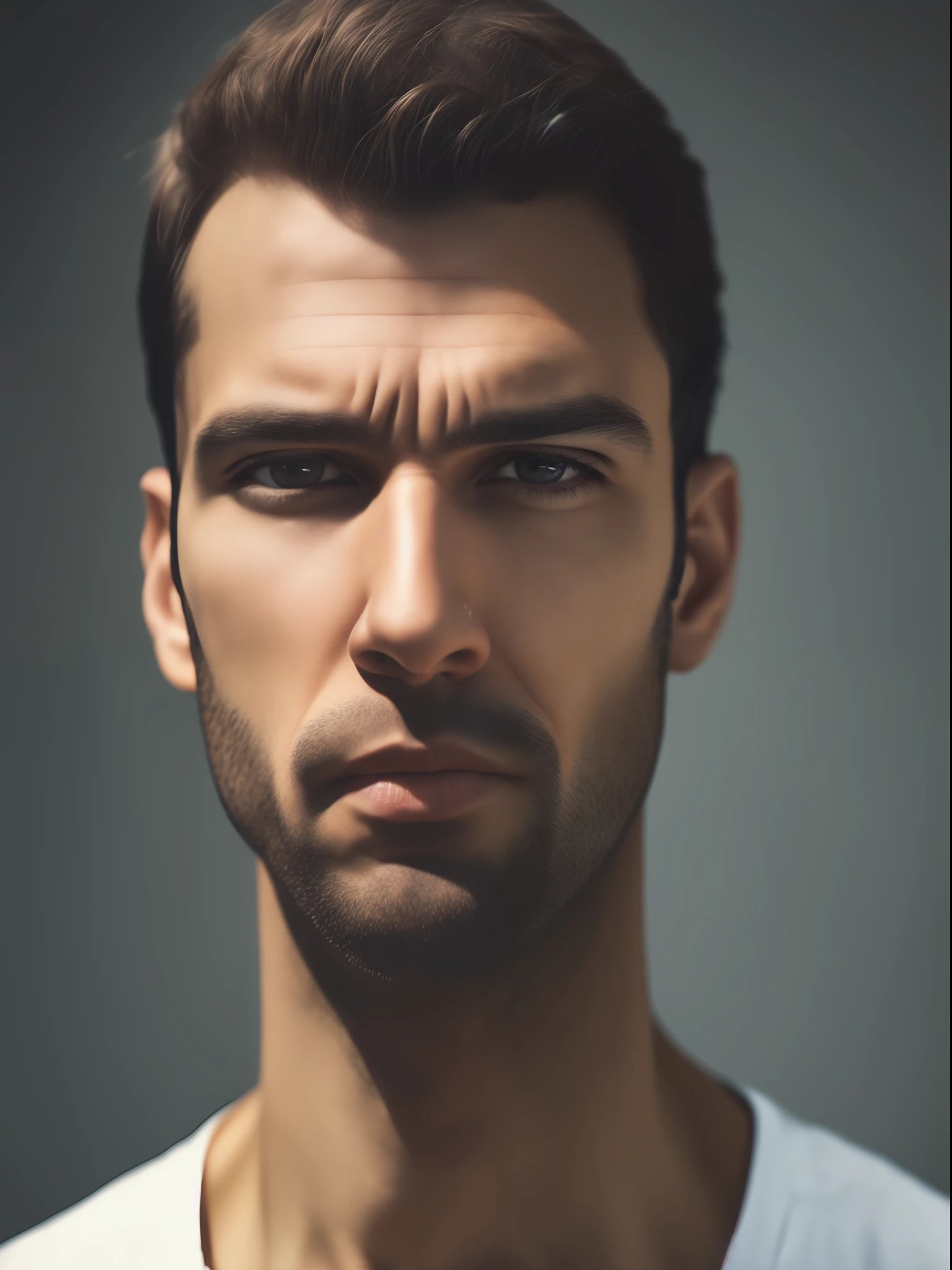 Self-portrait of a man's face who is focused and looking to his right side. Imagem realista altamente detalhada, detalhes intricados. UHD, 8k