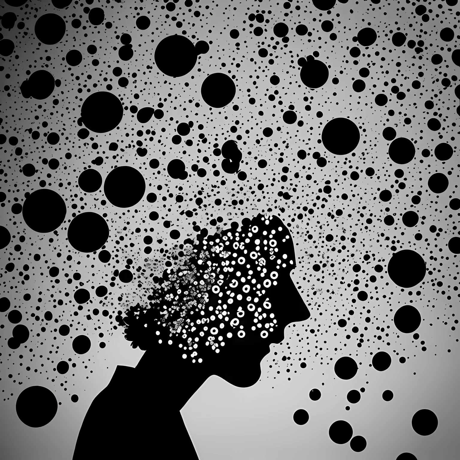 a partial silhouette of a person or object, filled with ellipsis patterns, evoking curiosity about what is hidden in the shadows. --auto
