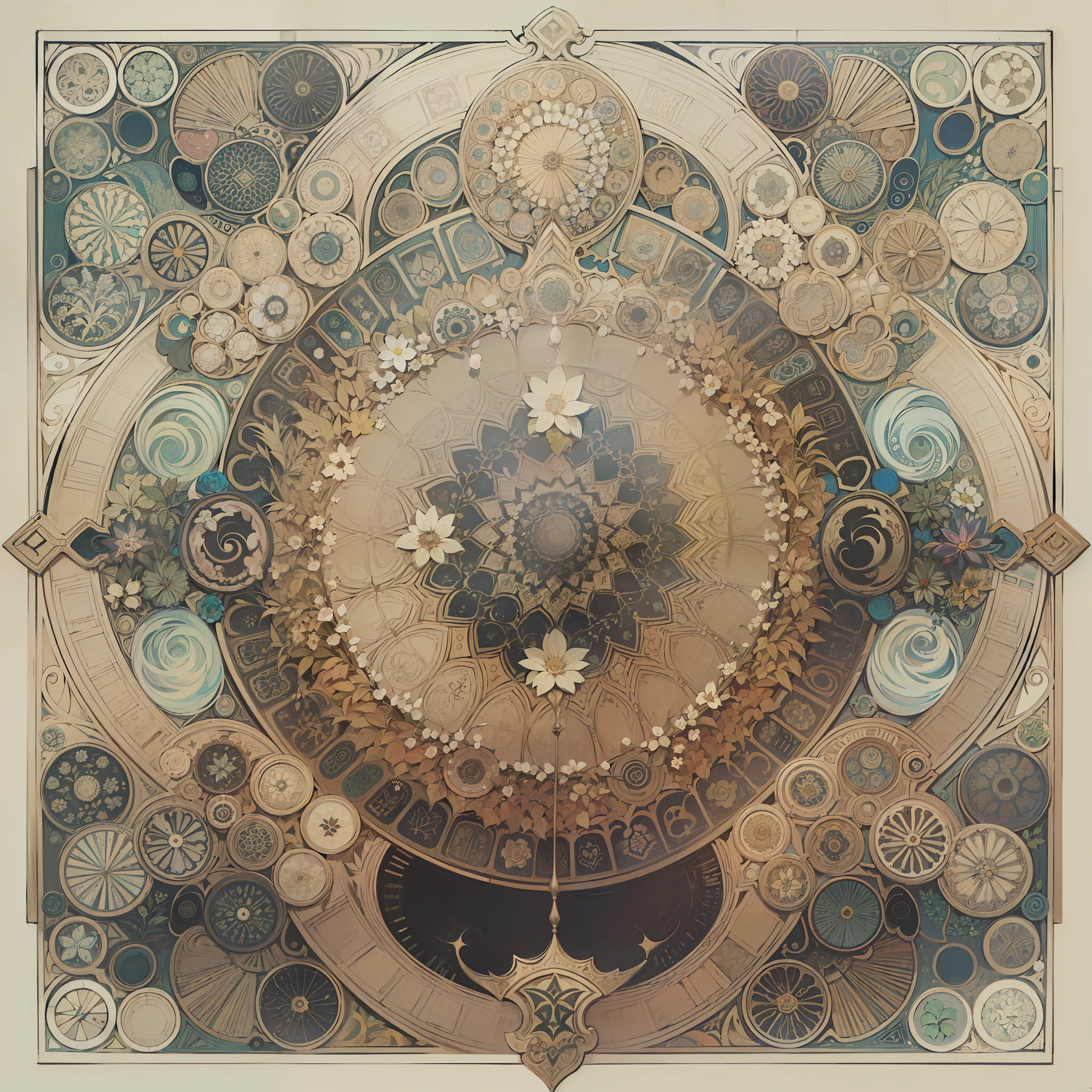 Mandala moldura floral, decorative panels, abstract art, de Alphonse Mucha (obra-prima, melhor qualidade, alta resolução: 1.4), detalhado, detalhes intrincados, 4K, salpicos de cores, arte de linha, fibonacci ,